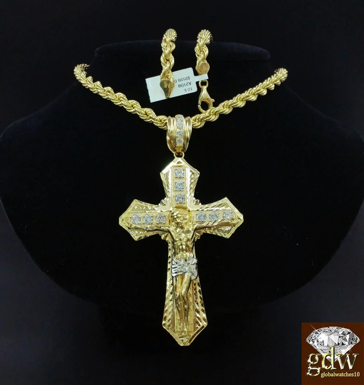 Real 10k Mens Yellow Gold Jesus Cross Charm/Pendant with 28 Inch long Rope Chain - Image 3
