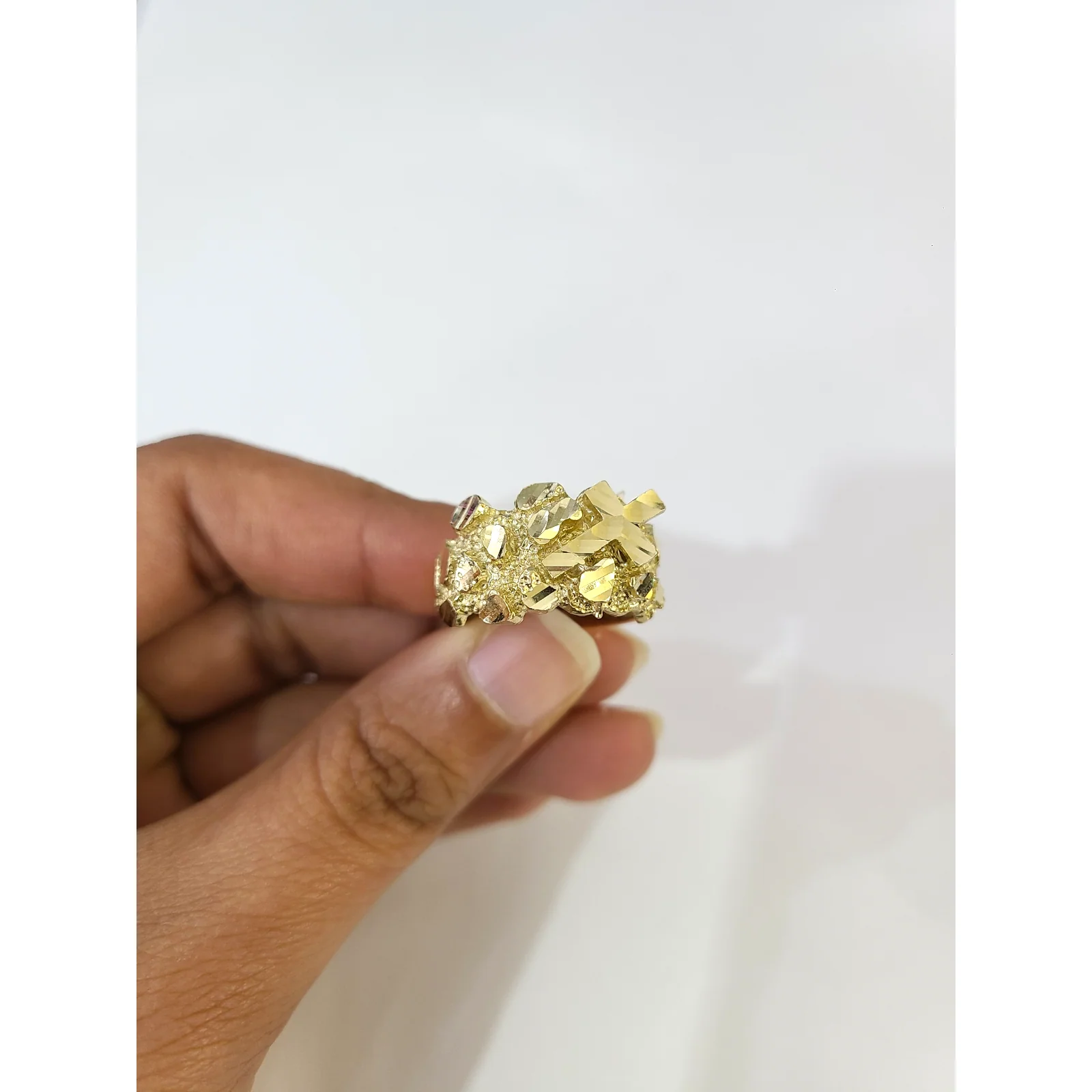 Real 10k Nugget Cross Ring Yellow Gold Men 10Kt Genuine Ring Sizes 6,7,8,9,10,11 & 12 - Image 2