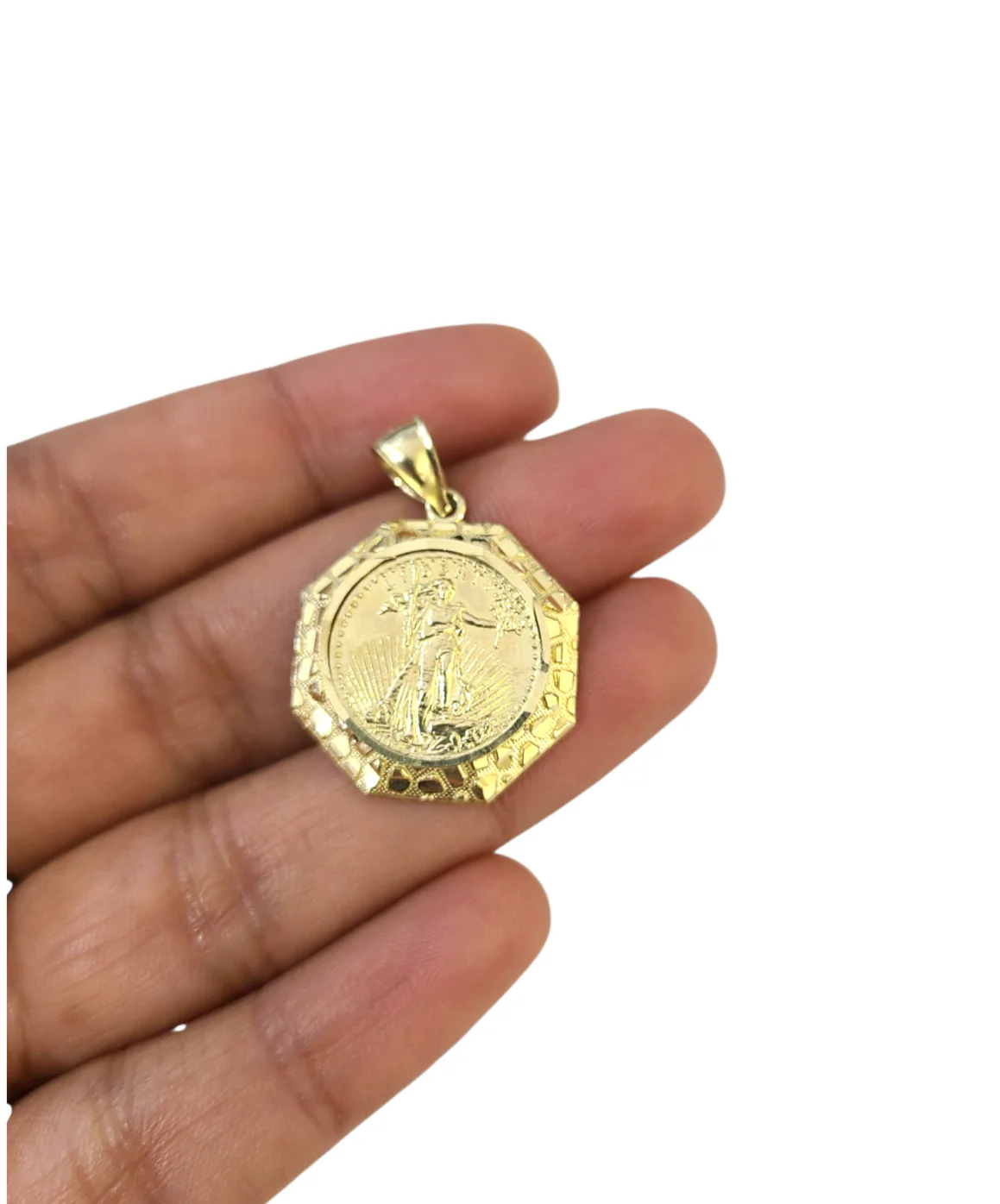 Real 10K  Nugget Saint Liberty Medallion Pendant Charm Yellow Gold Genuine 10kt - Image 2