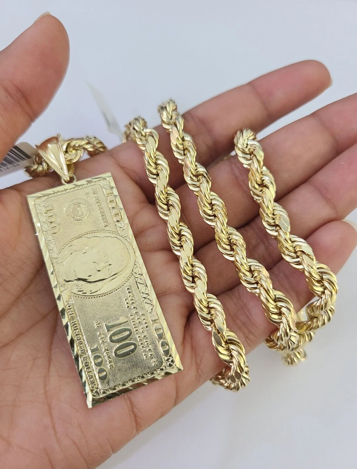 Real 10k Rope Chain 100$ Bill Money Charm Set 7mm 20"-28" Inch Necklace Gold - Image 3