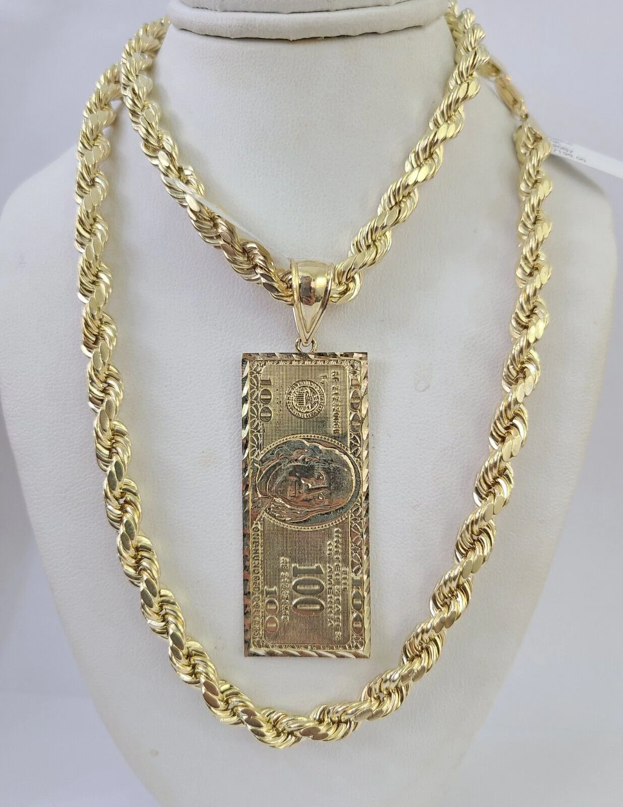 Real 10k Rope Chain 100$ Bill Money Charm Set 7mm 20"-28" Inch Necklace Gold - Image 5