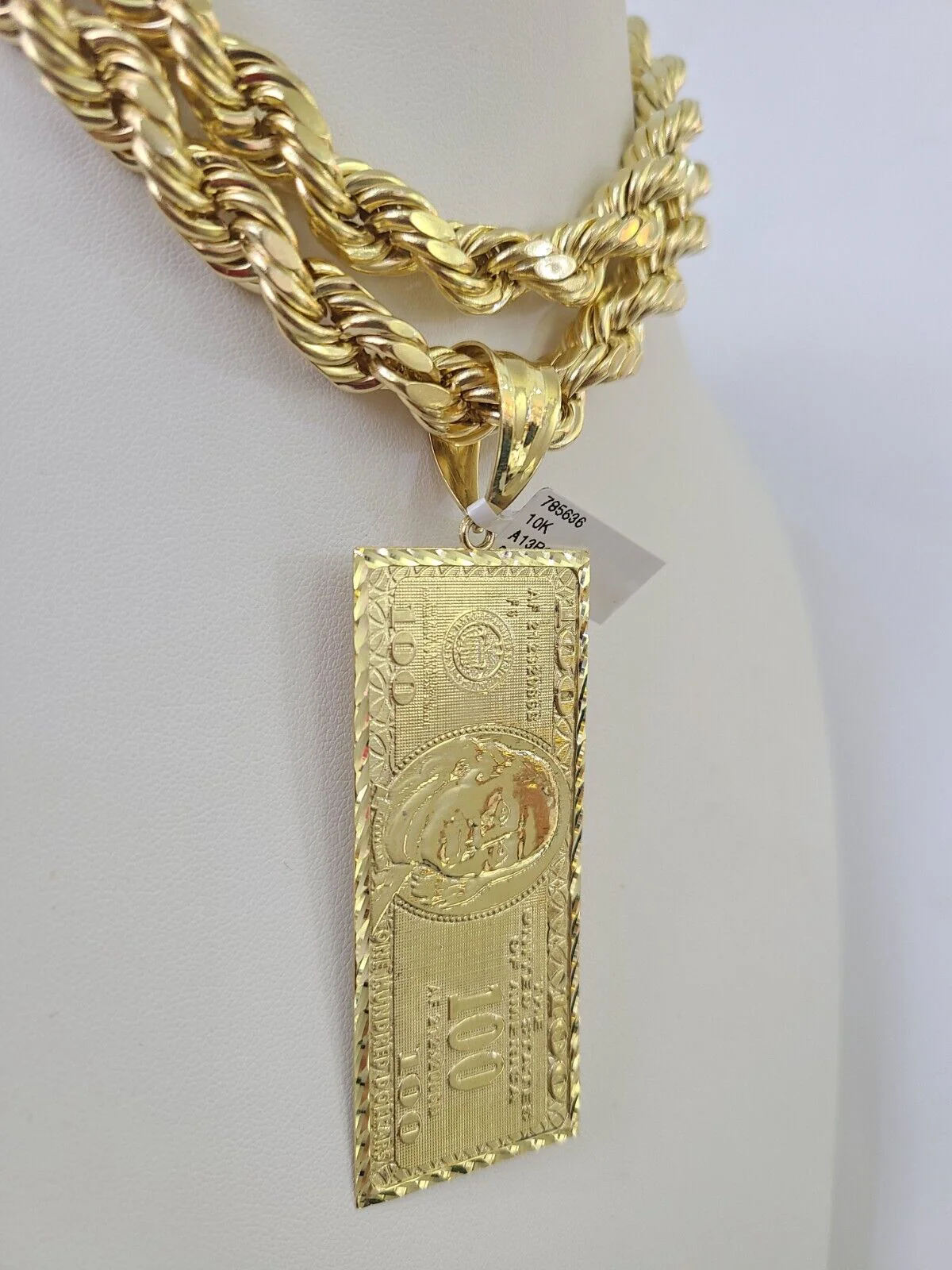 Real 10k Rope Chain 100 Money Dollar Charm Set 10mm 20"-30" Inch Necklace Gold - Image 2