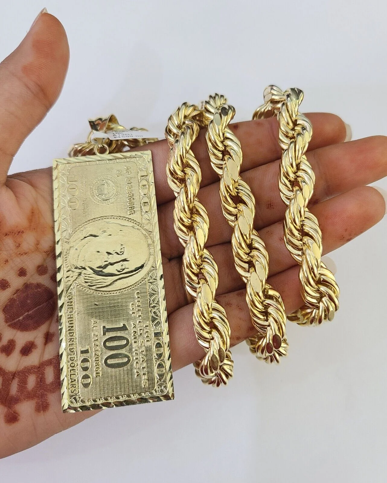 Real 10k Rope Chain 100 Money Dollar Charm Set 10mm 20"-30" Inch Necklace Gold - Image 4