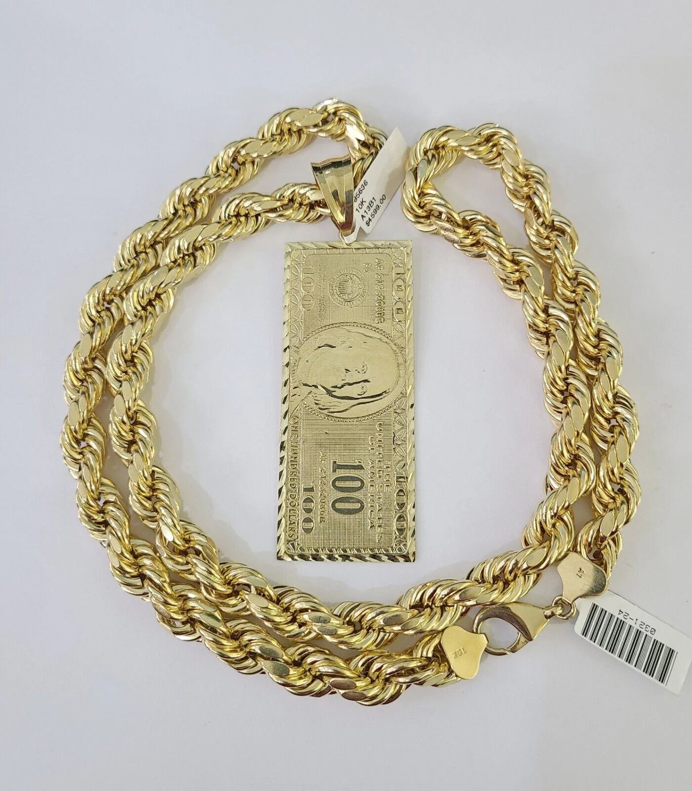 Real 10k Rope Chain 100 Money Dollar Charm Set 10mm 20"-30" Inch Necklace Gold - Image 5