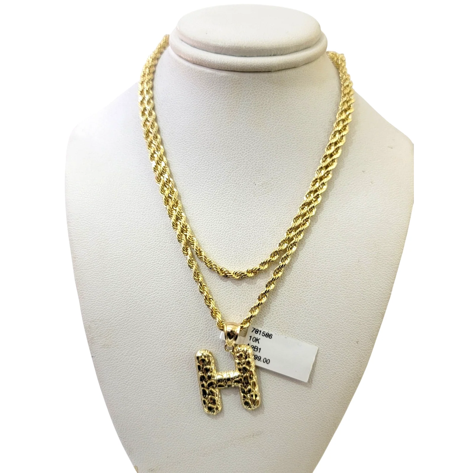 Real 10k Rope Chain 3mm 18"-28" Necklace Nugget H Initial Charm Set Pendant Gold - Image 3