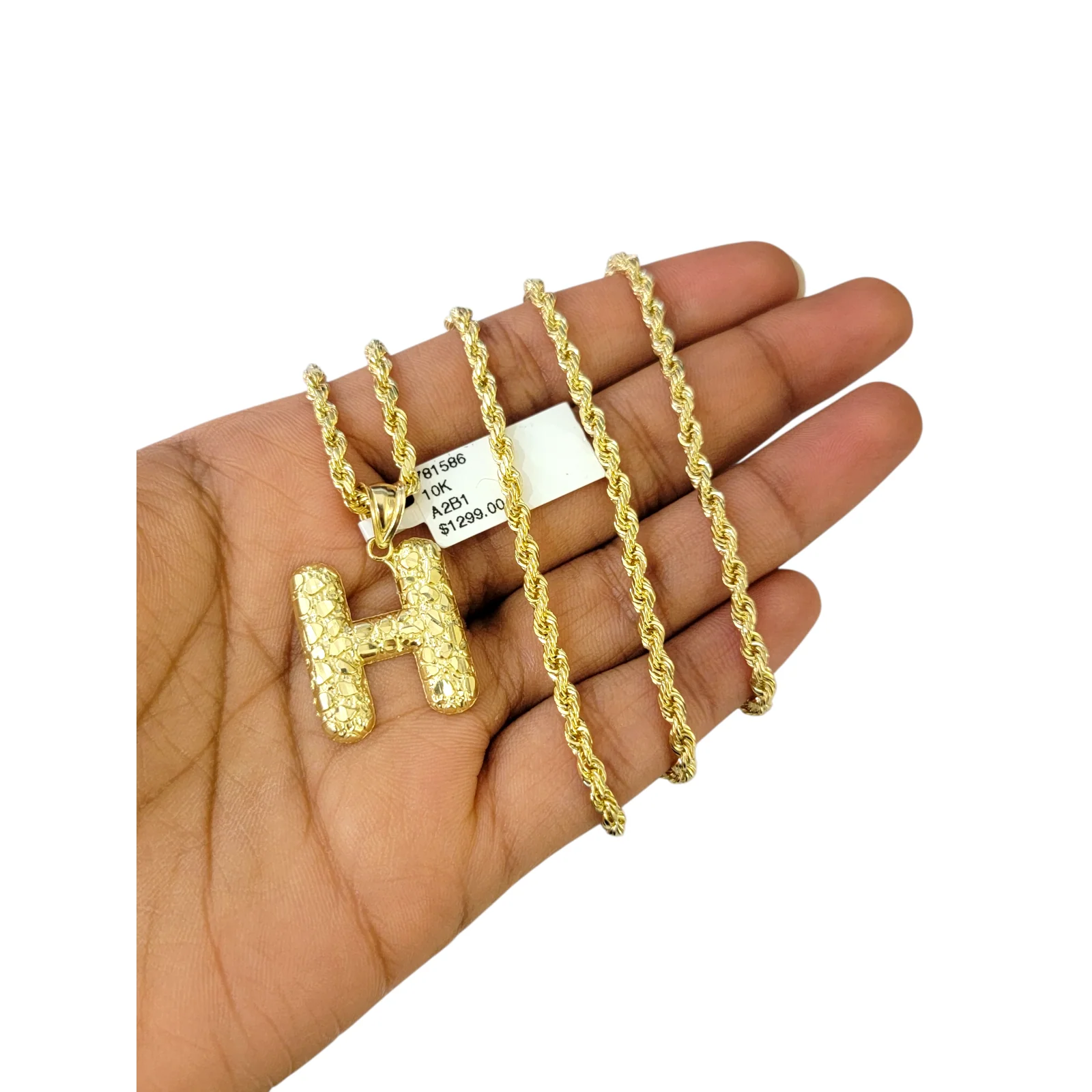 Real 10k Rope Chain 3mm 18"-28" Necklace Nugget H Initial Charm Set Pendant Gold - Image 6