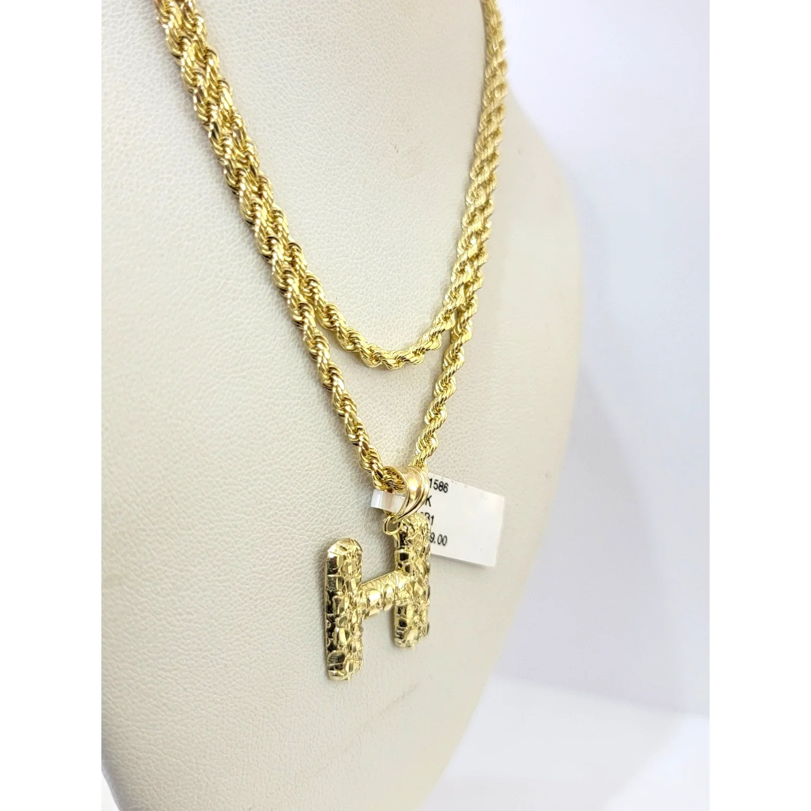 Real 10k Rope Chain 3mm 18"-28" Necklace Nugget H Initial Charm Set Pendant Gold - Image 5