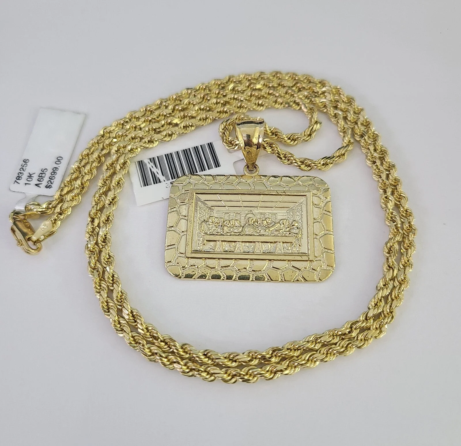 REAL 10k Rope Chain 3mm Last Supper Charm Pendant Necklace Set 18"-30" in - Image 3
