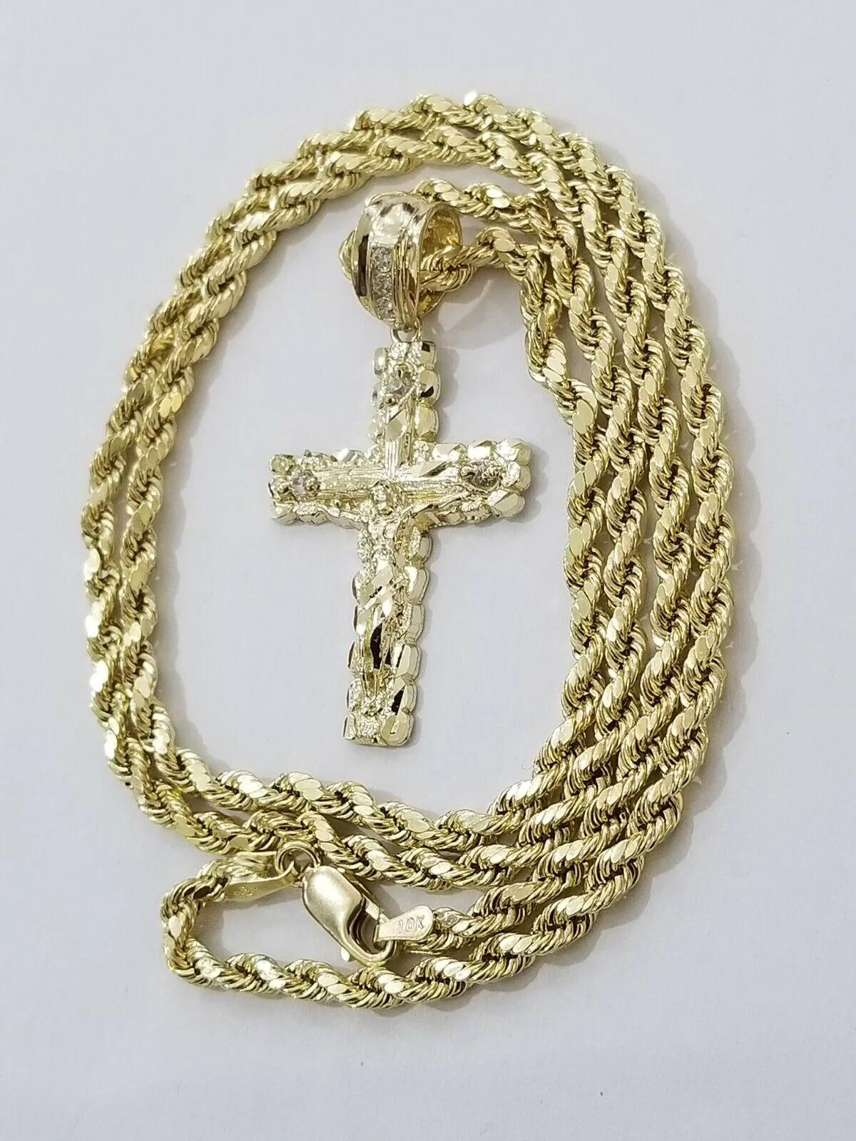 REAL 10k Rope Chain And Cross Charm Pendant 3mm Necklace Jesus Cross Set 16"-28" - Image 2