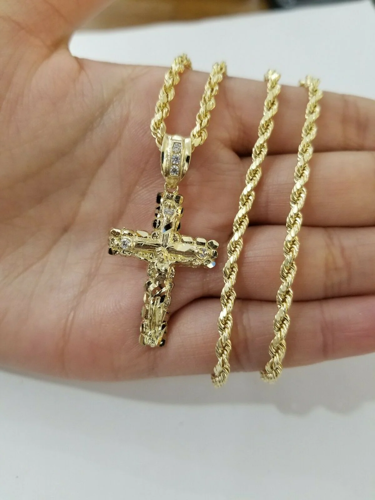 REAL 10k Rope Chain And Cross Charm Pendant 3mm Necklace Jesus Cross Set 16"-28" - Image 6