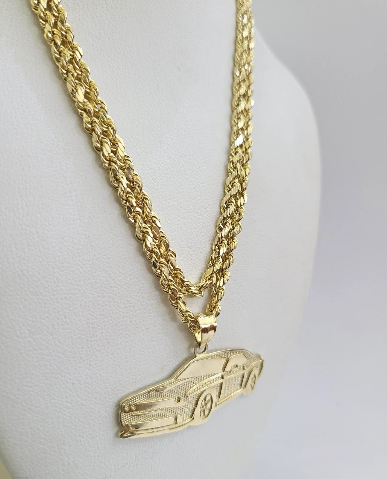 REAL 10k Rope Chain Car Challenger Charm Pendant 3mm Necklace Set 18"-28" in - Image 3
