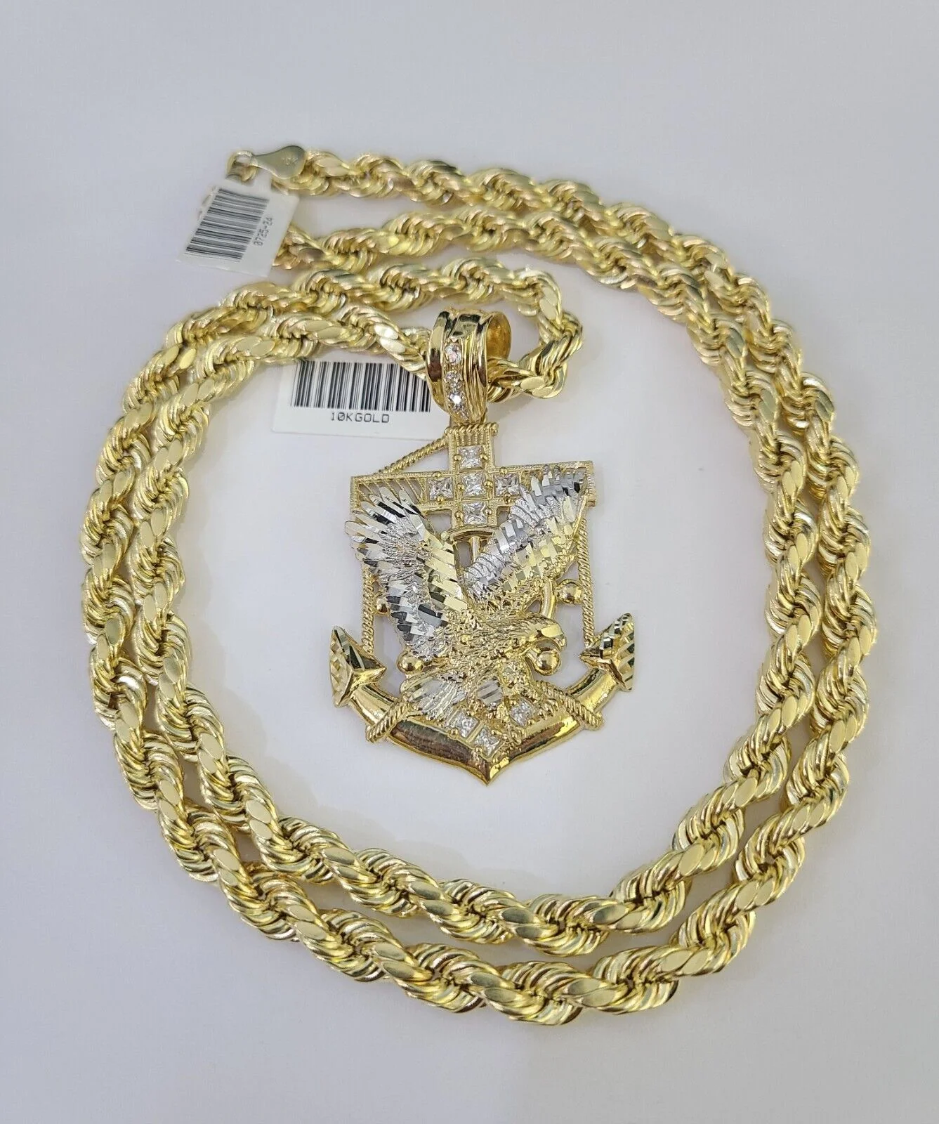 Real 10k Rope Chain Eagle Anchor Charm Set 7mm 20"-28" Inch Necklace Yellow Gold - Image 3