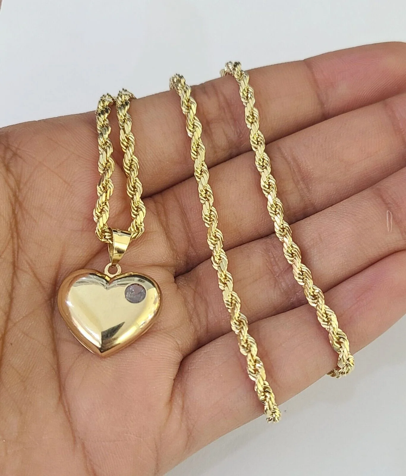 Real 10k Rope Chain Heart Charm Pendant SET Necklace 3mm 18"-24" Ladies - Image 3