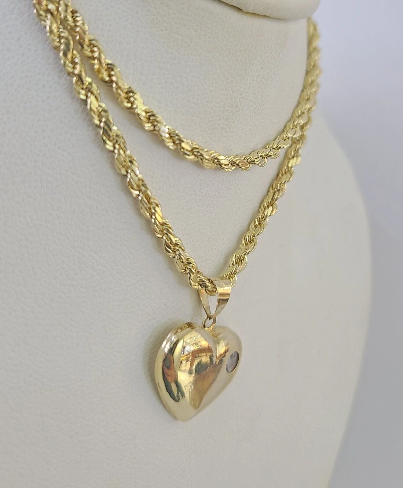 Real 10k Rope Chain Heart Charm Pendant SET Necklace 3mm 18"-24" Ladies - Image 5