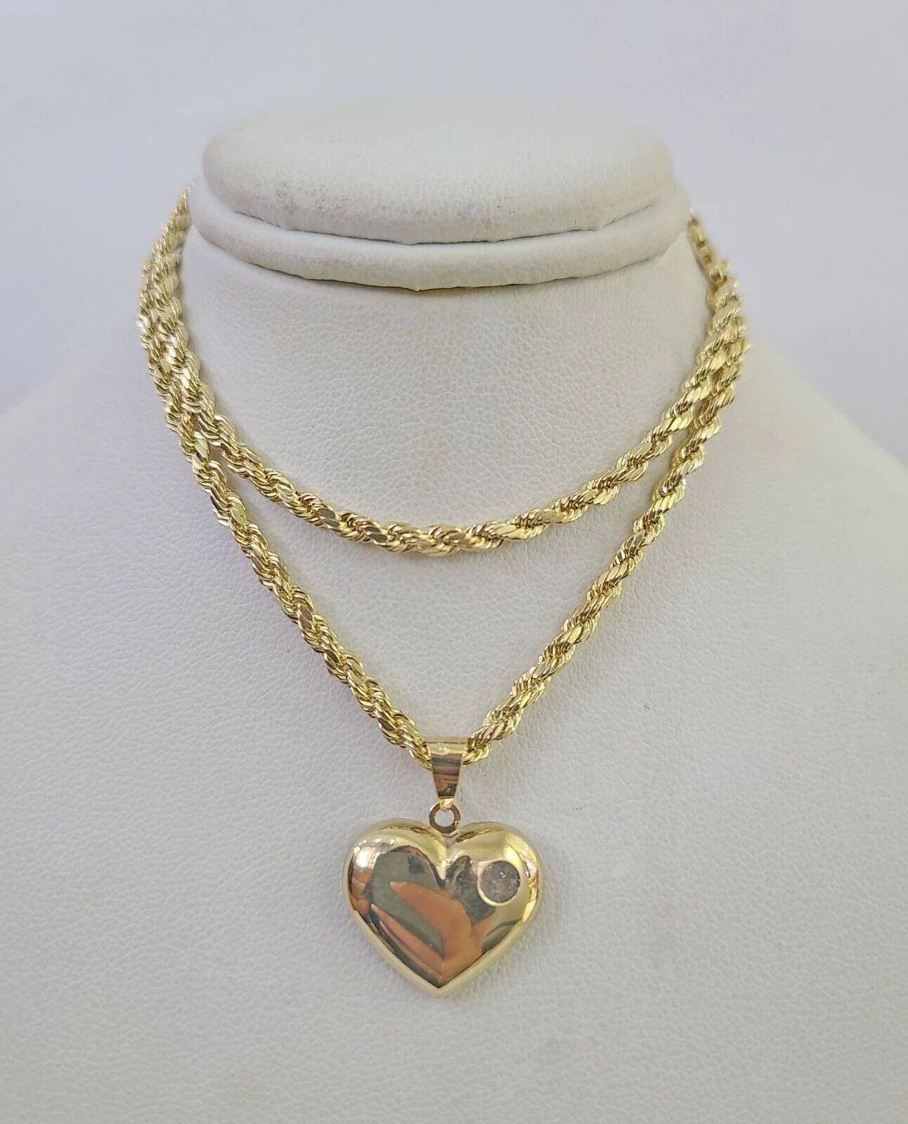 Real 10k Rope Chain Heart Charm Pendant SET Necklace 3mm 18"-24" Ladies - Image 6