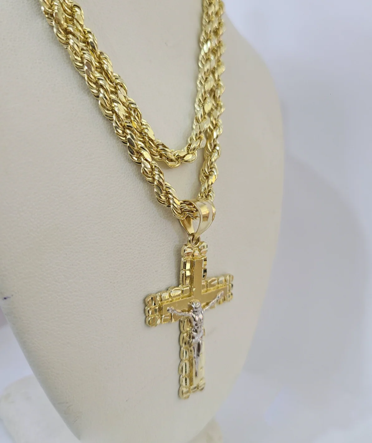 Real 10k Rope Chain Jesus Cross Charm Necklace Pendant Set 4mm 18"-28" Gold - Image 4