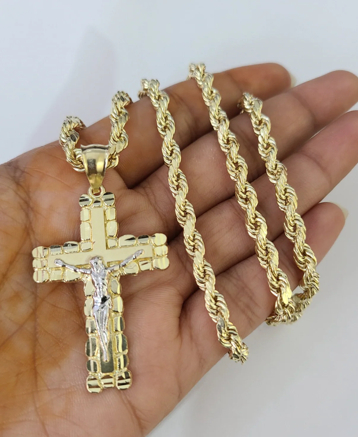 Real 10k Rope Chain Jesus Cross Charm Necklace Pendant Set 4mm 18"-28" Gold - Image 5