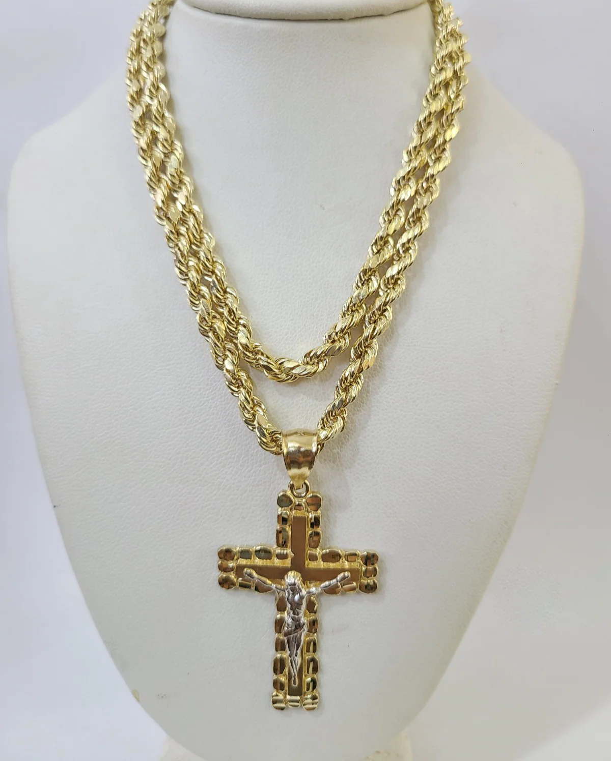 Real 10k Rope Chain Jesus Cross Charm Necklace Pendant Set 4mm 18"-28" Gold - Image 6