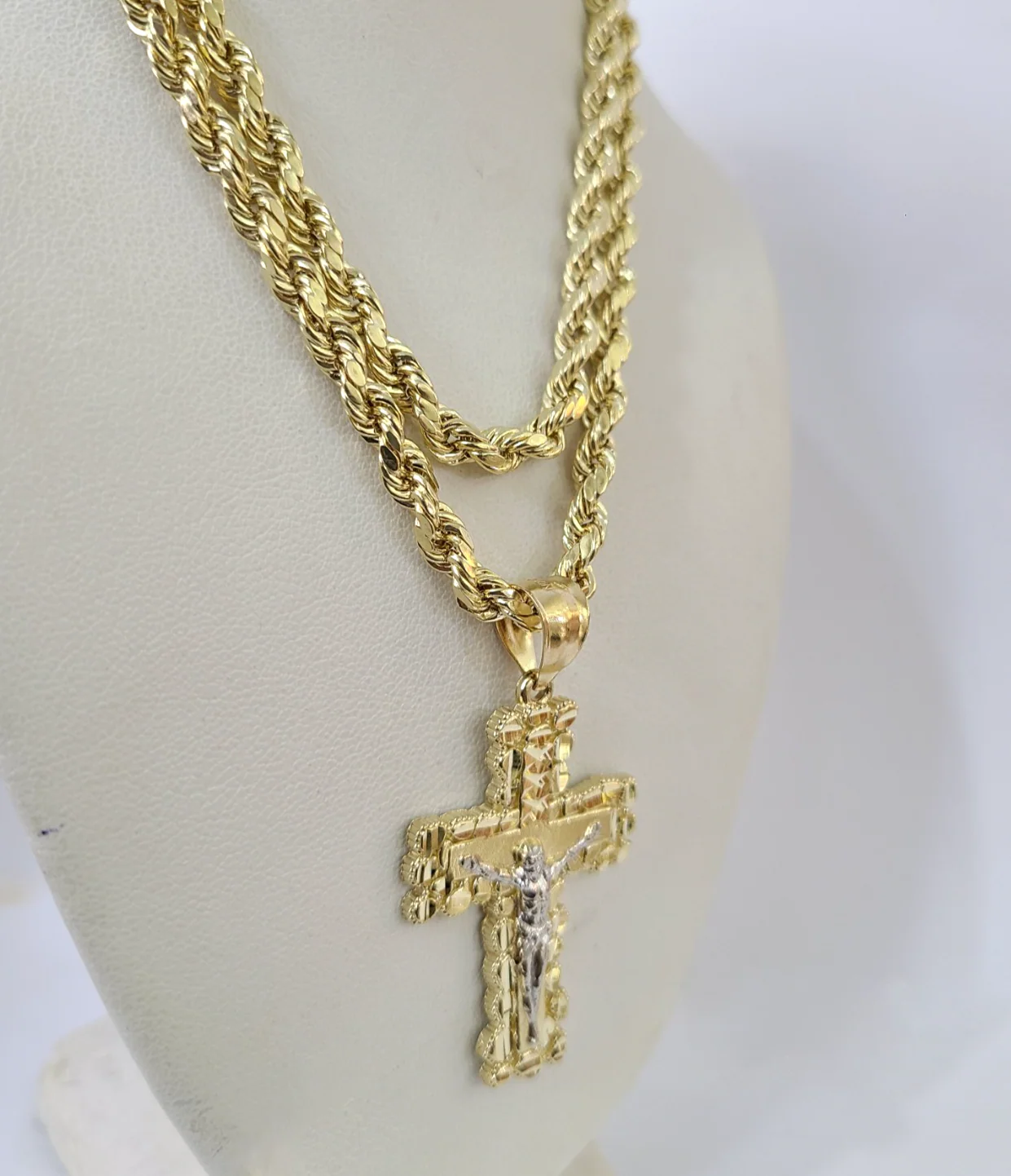 Real 10k Rope Chain Jesus Cross Charm Necklace Pendant Set 4mm 18"-28" Gold - Image 3