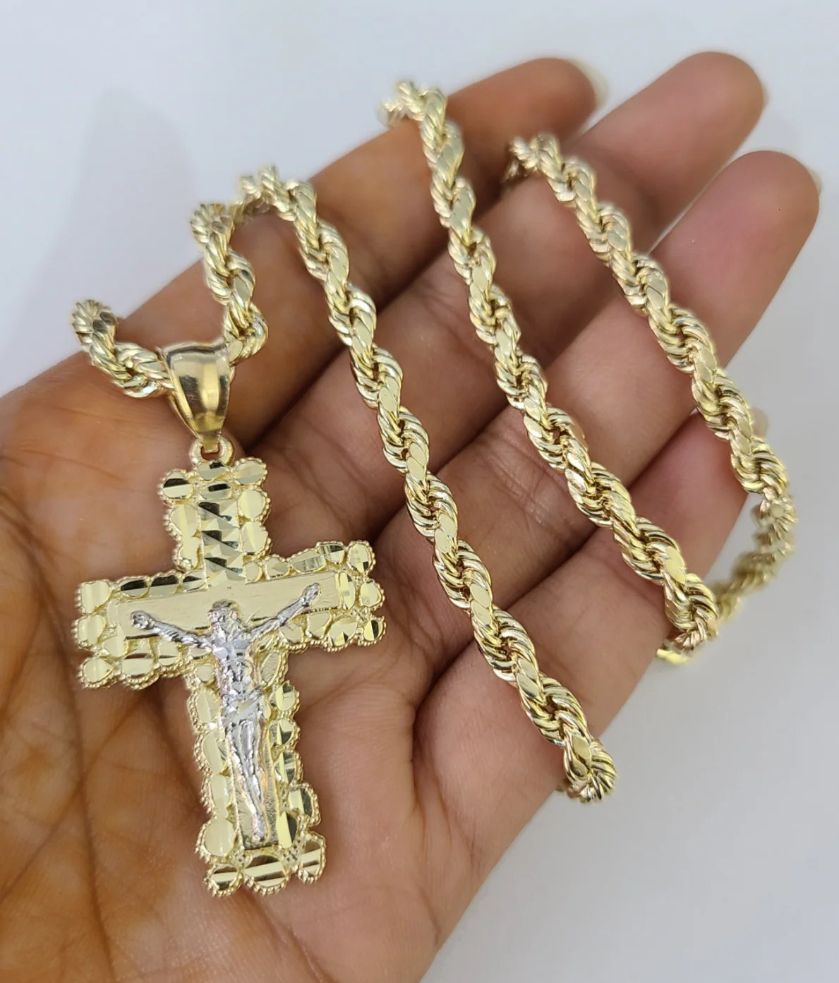 Real 10k Rope Chain Jesus Cross Charm Necklace Pendant Set 4mm 18"-28" Gold - Image 5