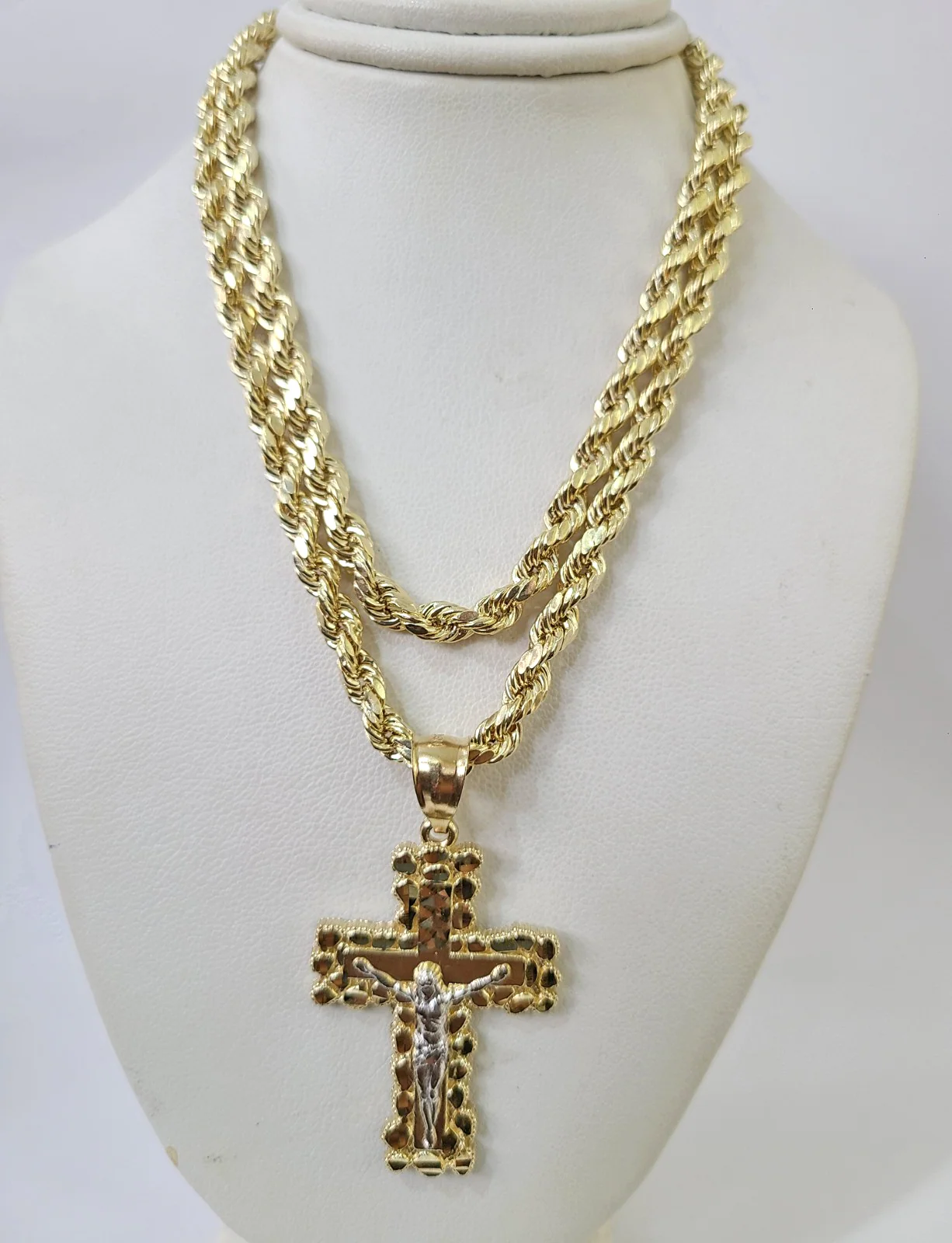 Real 10k Rope Chain Jesus Cross Charm Necklace Pendant Set 4mm 18"-28" Gold - Image 6
