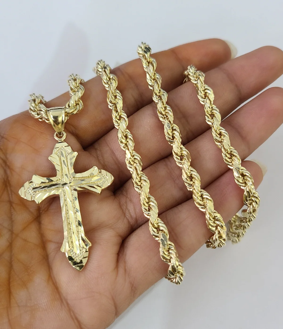 Real 10k Rope Chain Jesus Cross Charm Necklace Pendant Set 4mm 18"-28" Gold - Image 2