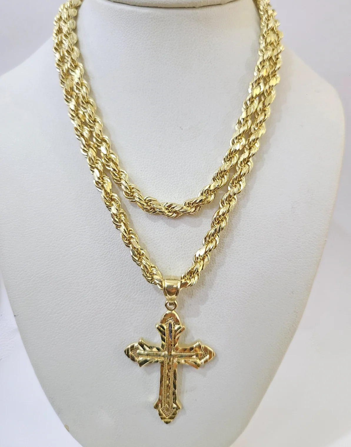 Real 10k Rope Chain Jesus Cross Charm Necklace Pendant Set 4mm 18"-28" Gold - Image 4