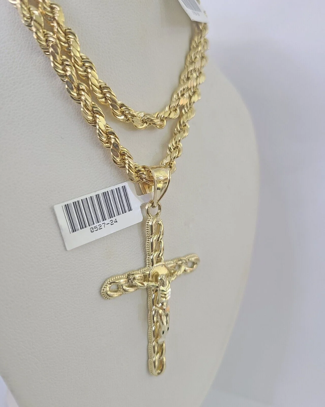 Real 10k Rope Chain Jesus Cross Charm Necklace Pendant Set 5mm 20"-30" Inch Gold - Image 3