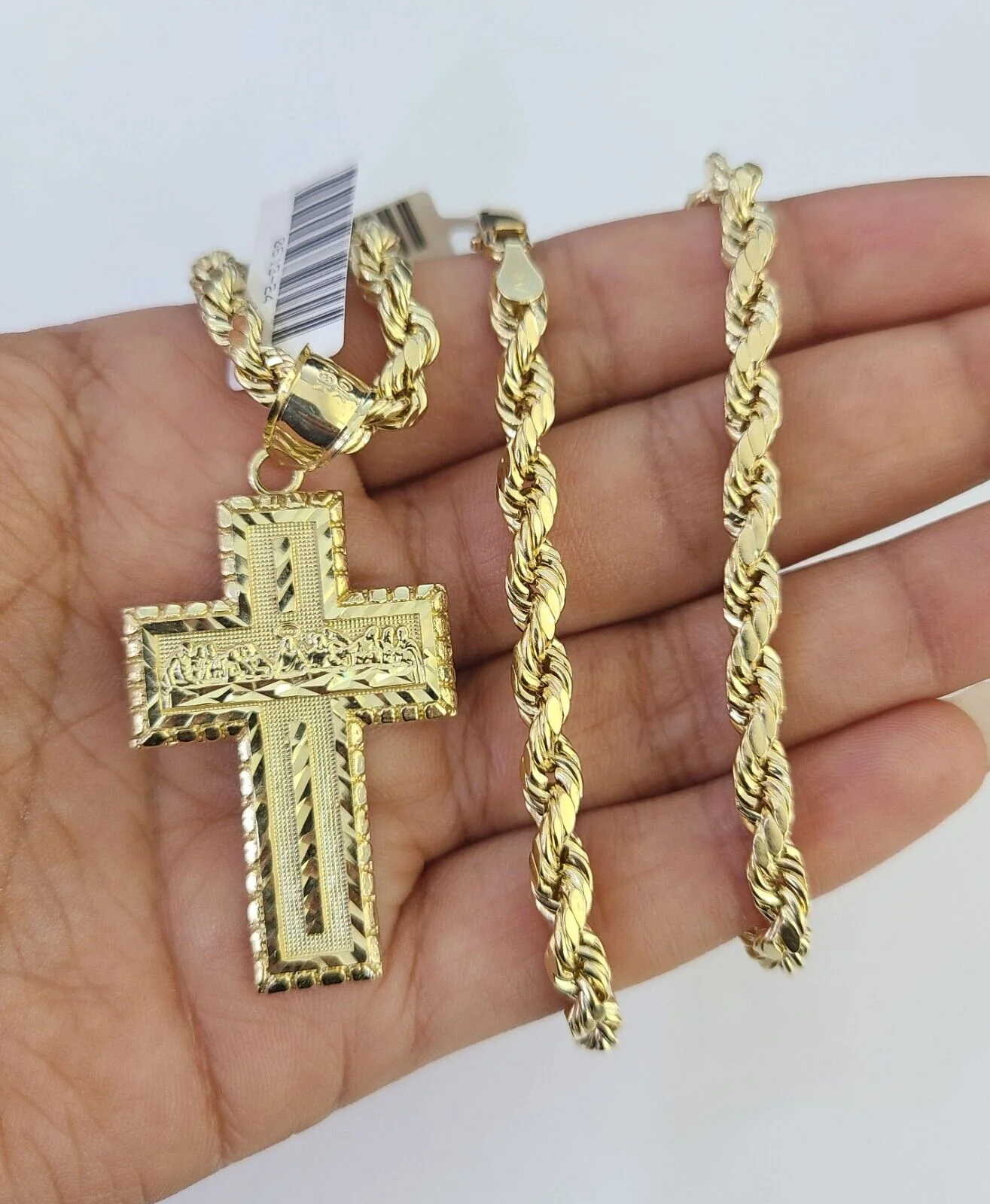 Real 10k Rope Chain Jesus Cross Charm Necklace Pendant Set 5mm 20"-30" Inch Gold - Image 3