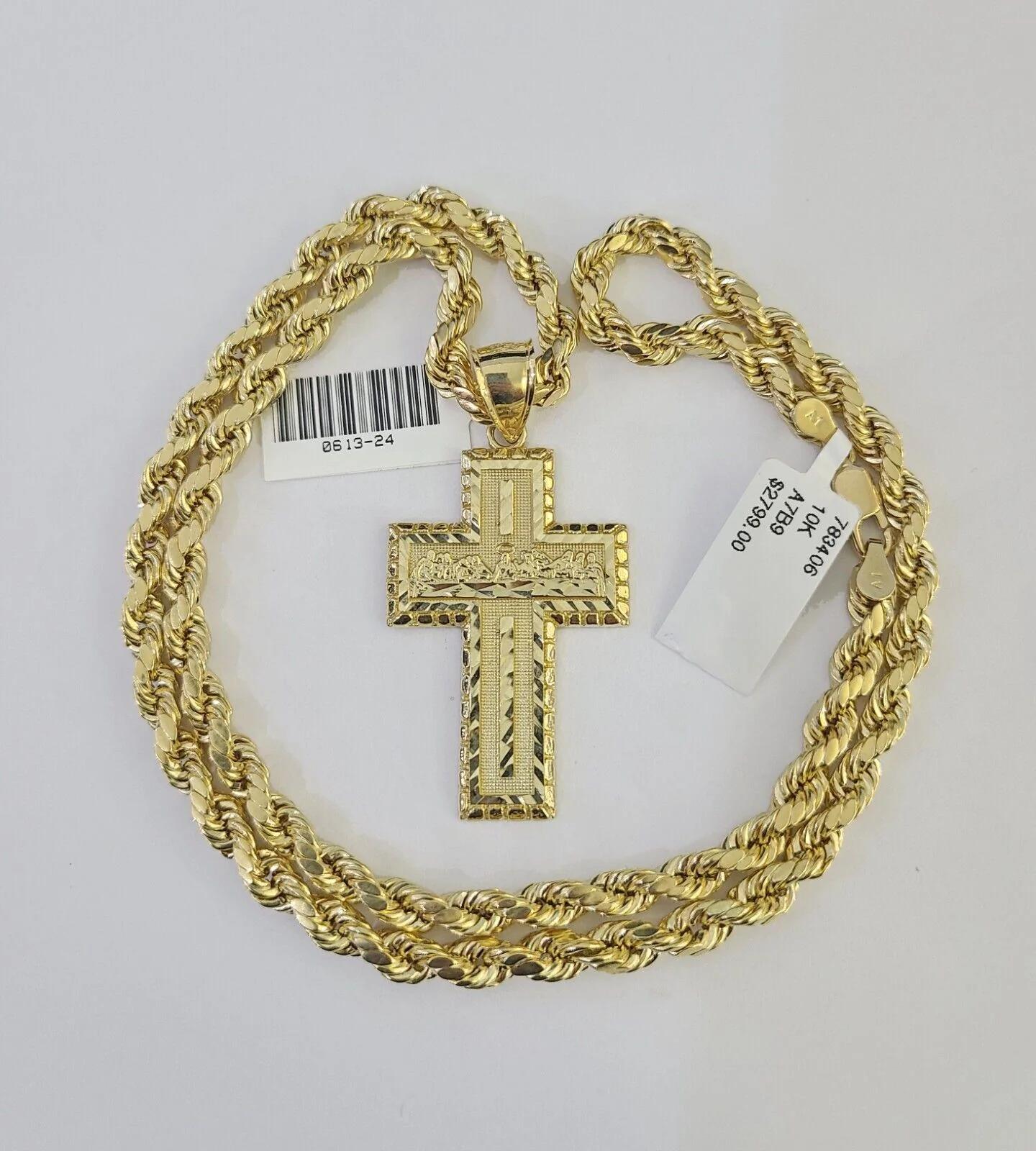 Real 10k Rope Chain Jesus Cross Charm Necklace Pendant Set 5mm 20"-30" Inch Gold - Image 4