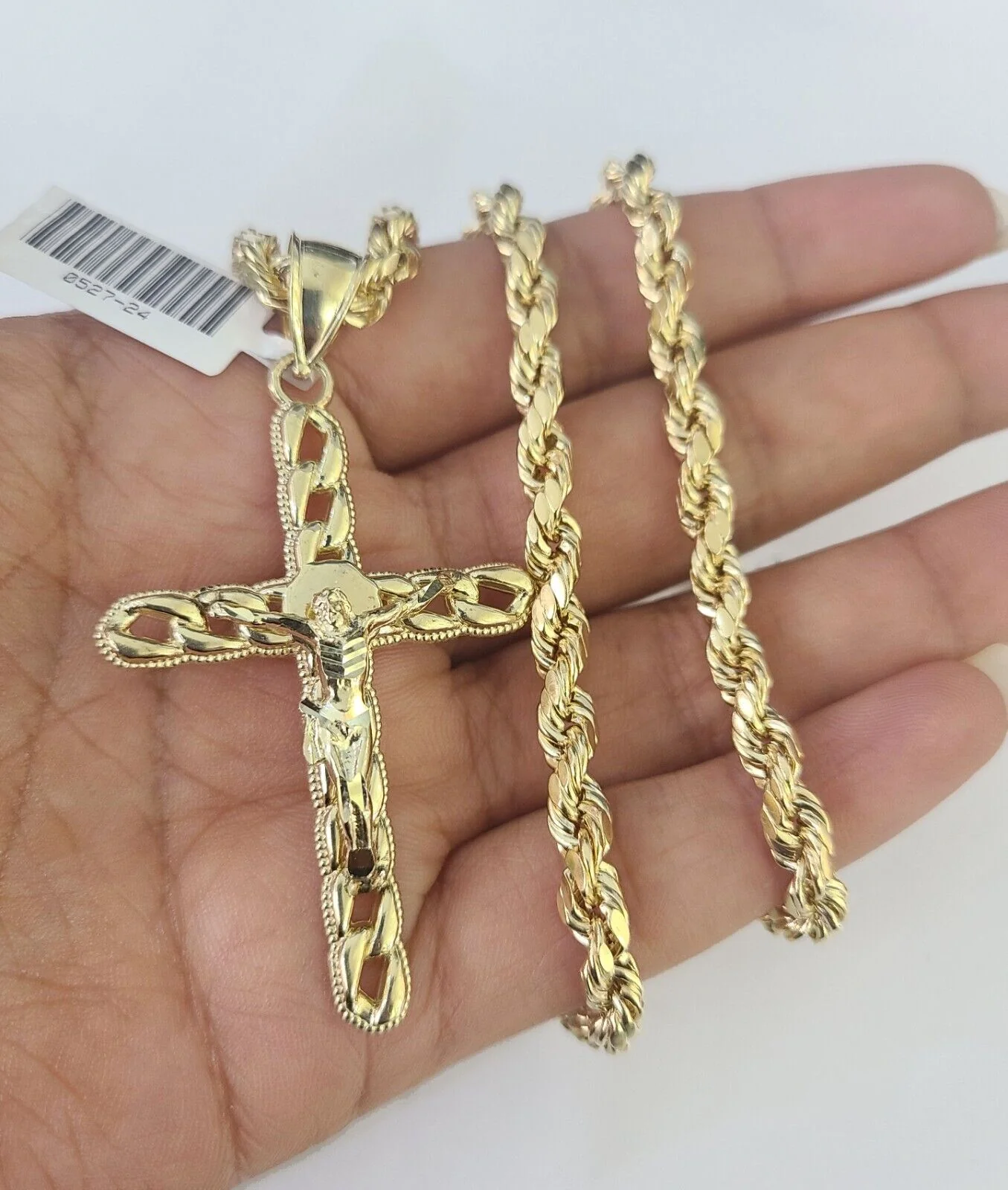 Real 10k Rope Chain Jesus Cross Charm Necklace Pendant Set 5mm 20"-30" Inch Gold - Image 6