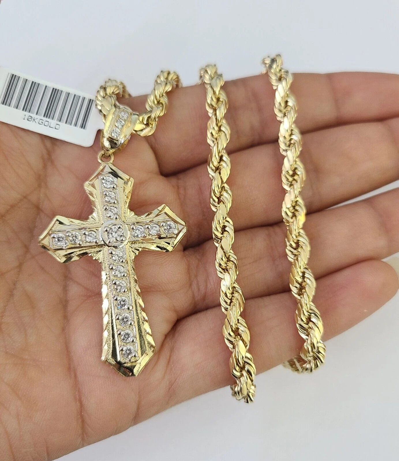 Real 10k Rope Chain Jesus Cross Charm Necklace Pendant Set 5mm 20"-30" Inch Gold - Image 2