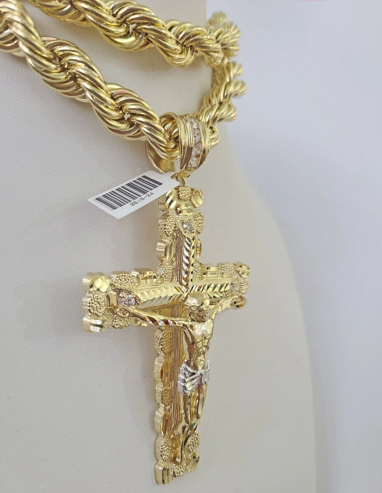 Real 10k Rope Chain Jesus Cross Charm Set 12mm 20"-30" Inch Necklace Yellow Gold - Image 2
