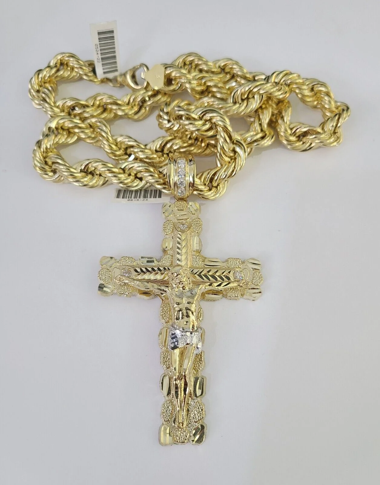 Real 10k Rope Chain Jesus Cross Charm Set 12mm 20"-30" Inch Necklace Yellow Gold - Image 3