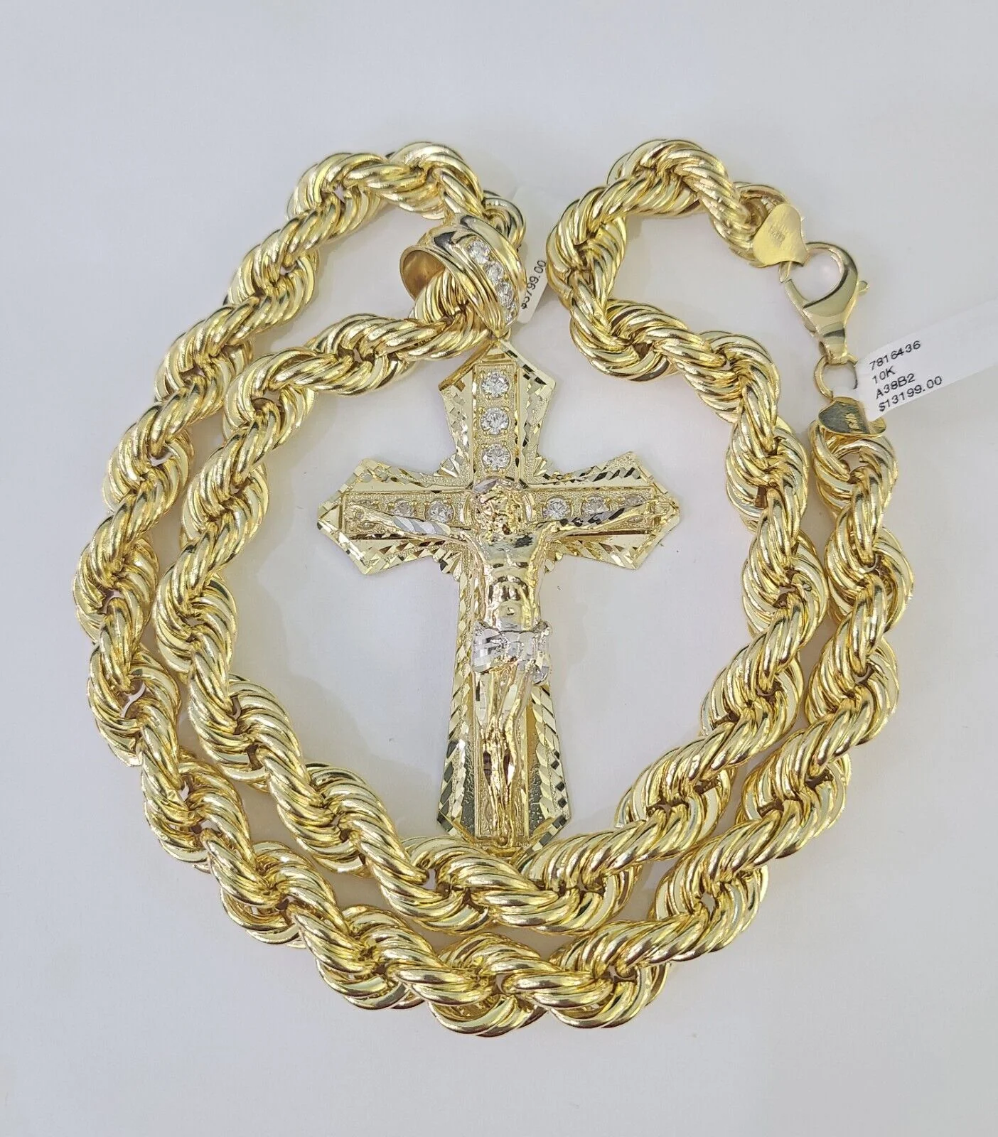 Real 10k Rope Chain Jesus Cross Charm Set 12mm 20"-30" Inch Necklace Yellow Gold - Image 4