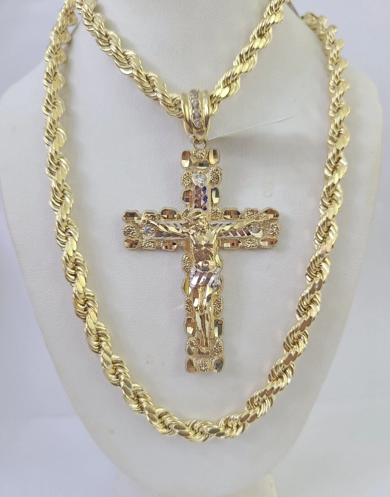 Real 10k Rope Chain Jesus Cross Charm Set 7mm 20"-28" Inch Necklace Yellow Gold - Image 6