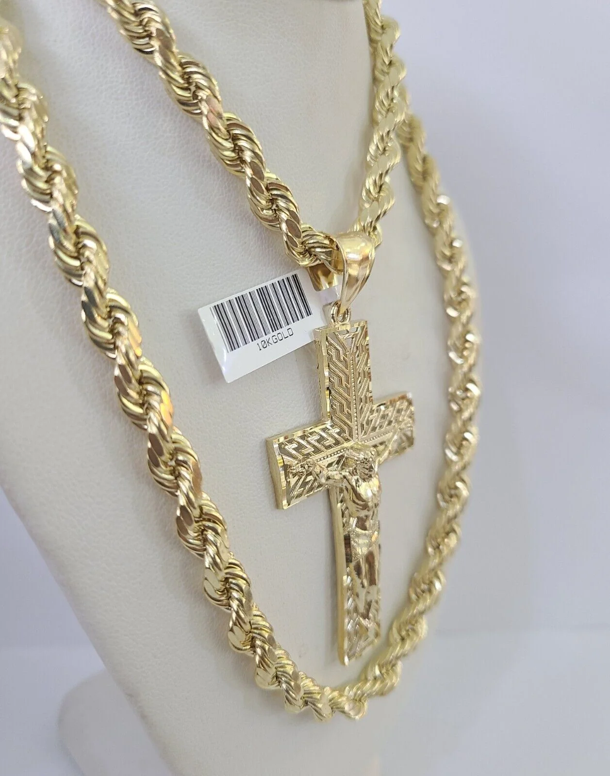 Real 10k Rope Chain Jesus Cross Charm Set 7mm 20"-28" Inch Necklace Yellow Gold - Image 2