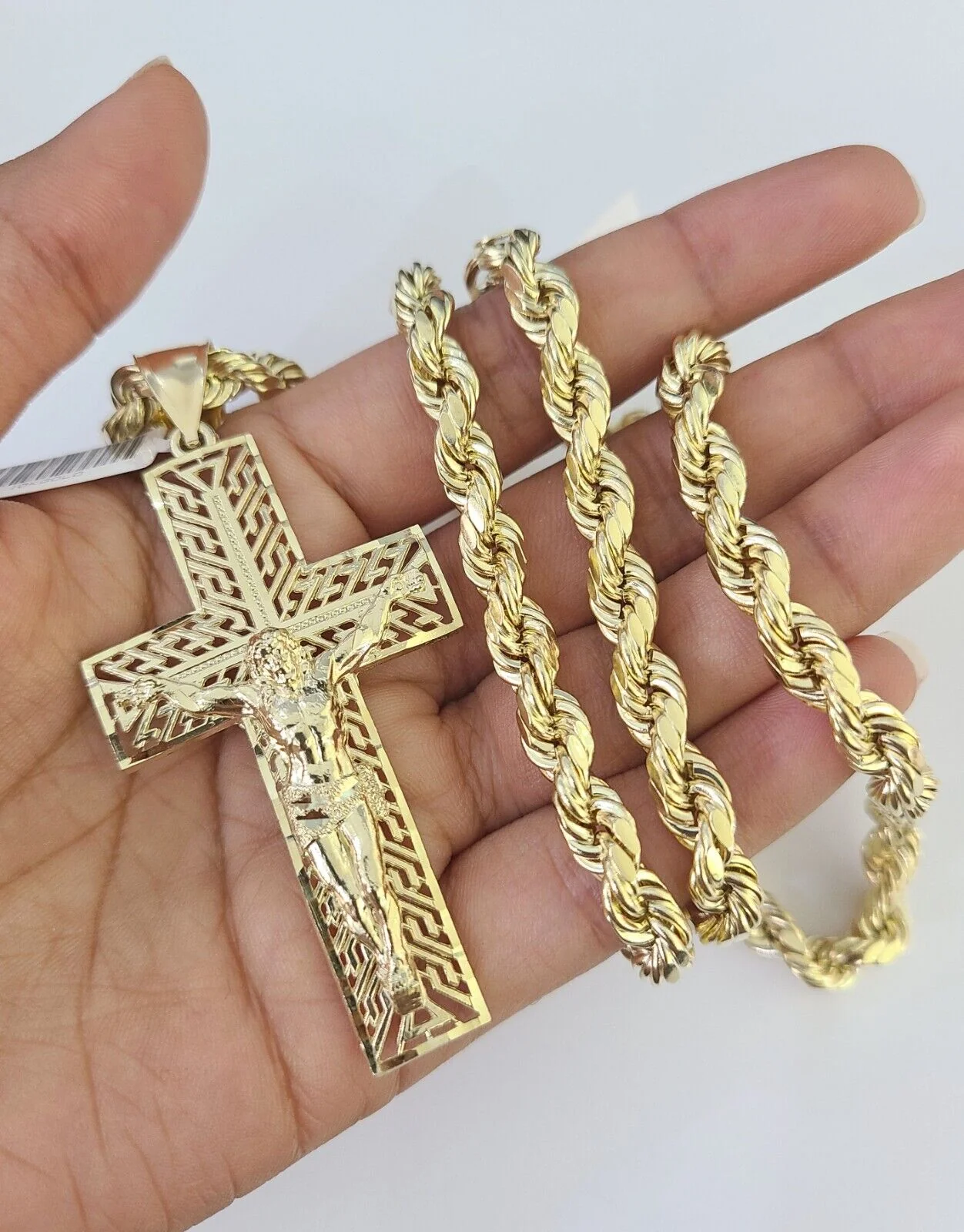 Real 10k Rope Chain Jesus Cross Charm Set 7mm 20"-28" Inch Necklace Yellow Gold - Image 5