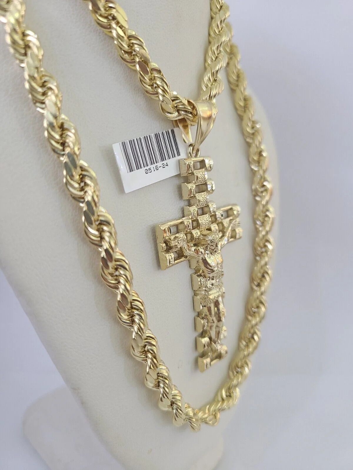 Real 10k Rope Chain Jesus Cross Charm Set 7mm 20"-28" Inch Necklace Yellow Gold - Image 2
