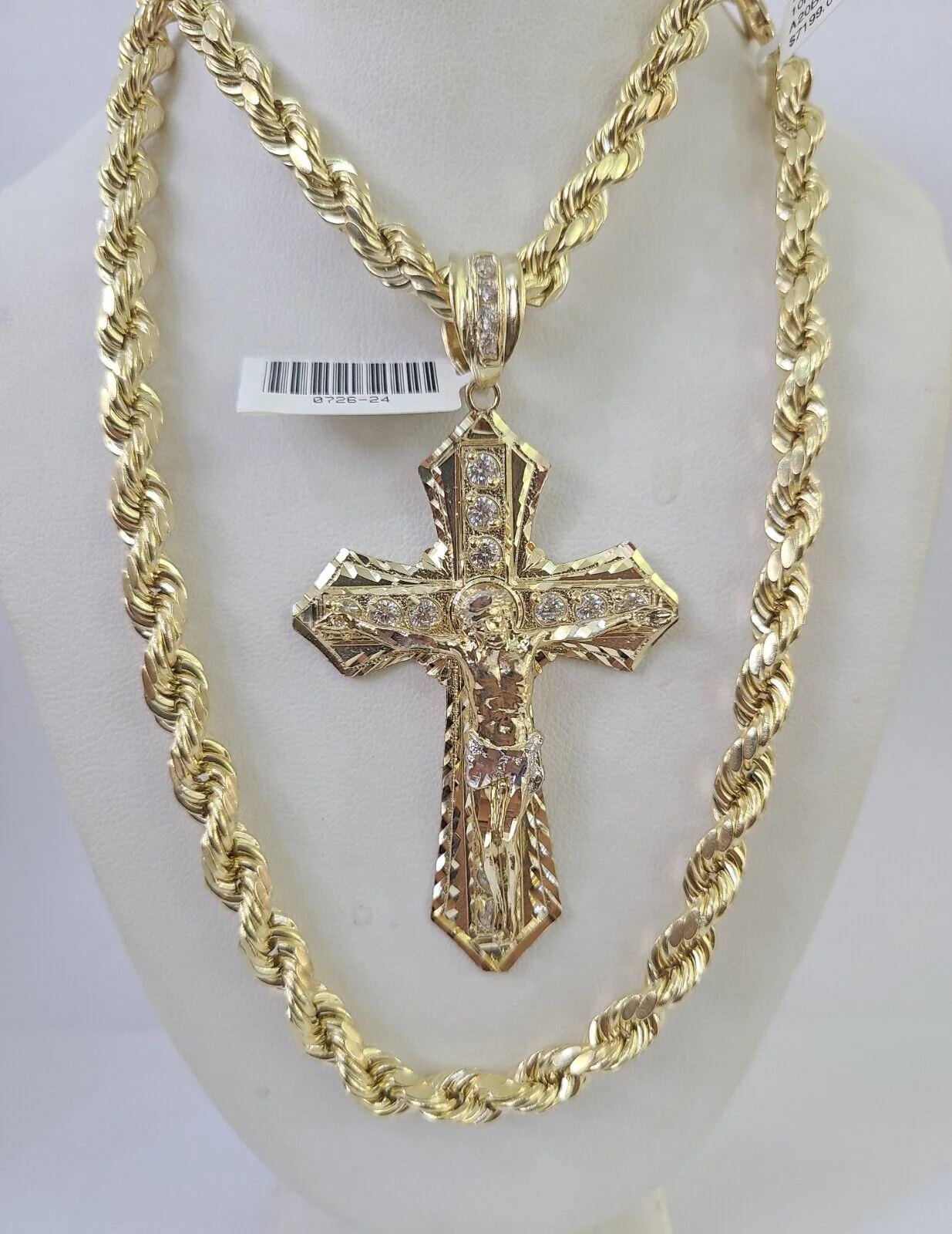 Real 10k Rope Chain Jesus Cross Charm Set 7mm 20"-28" Inch Necklace Yellow Gold - Image 5