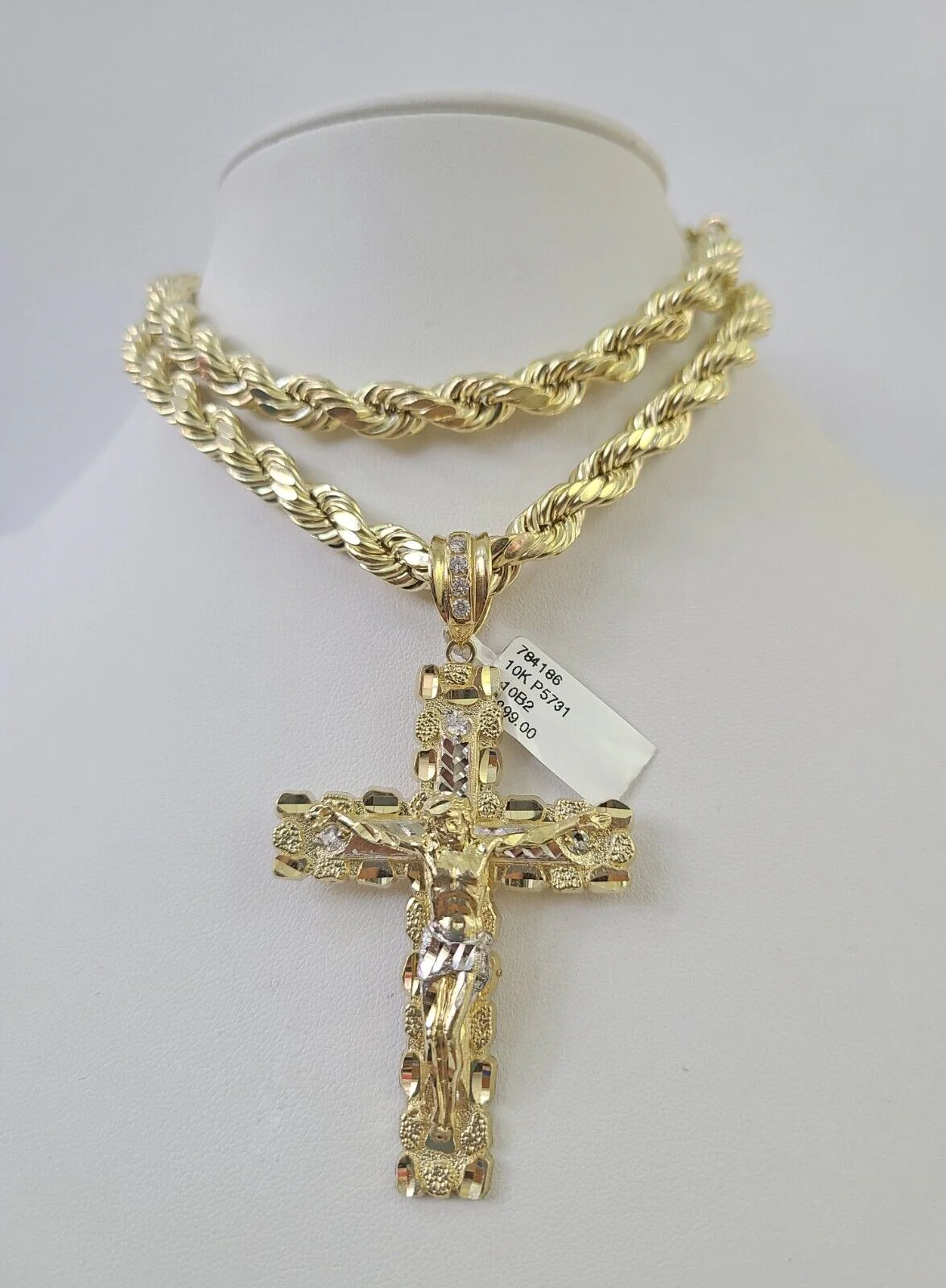 Real 10k Rope Chain Jesus Cross Charm Set 8mm 20"-30" Inch Necklace Yellow Gold