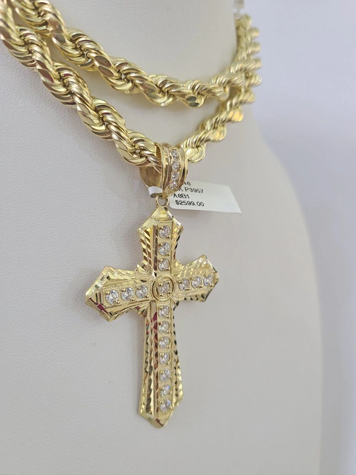 Real 10k Rope Chain Jesus Cross Charm Set 8mm 20"-30" Inch Necklace Yellow Gold - Image 2