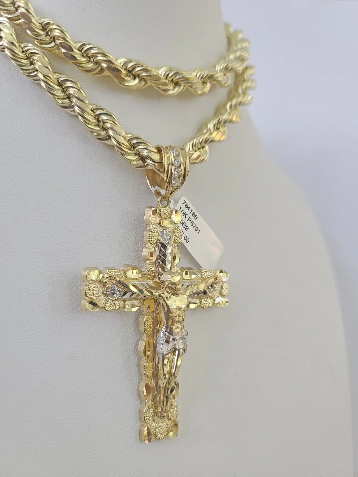 Real 10k Rope Chain Jesus Cross Charm Set 8mm 20"-30" Inch Necklace Yellow Gold - Image 2
