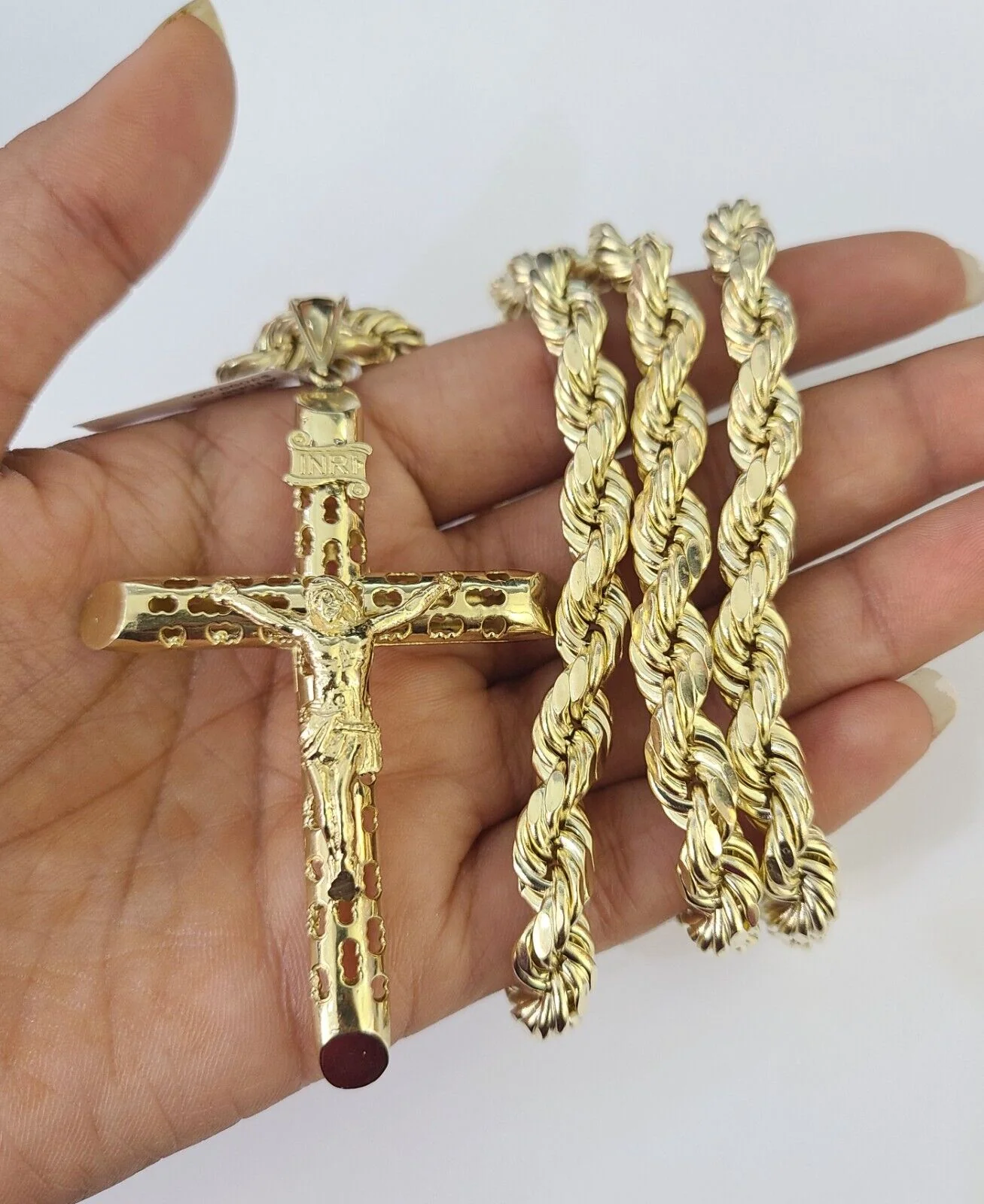 Real 10k Rope Chain Jesus Cross Charm Set 8mm 20"-30" Inch Necklace Yellow Gold - Image 2