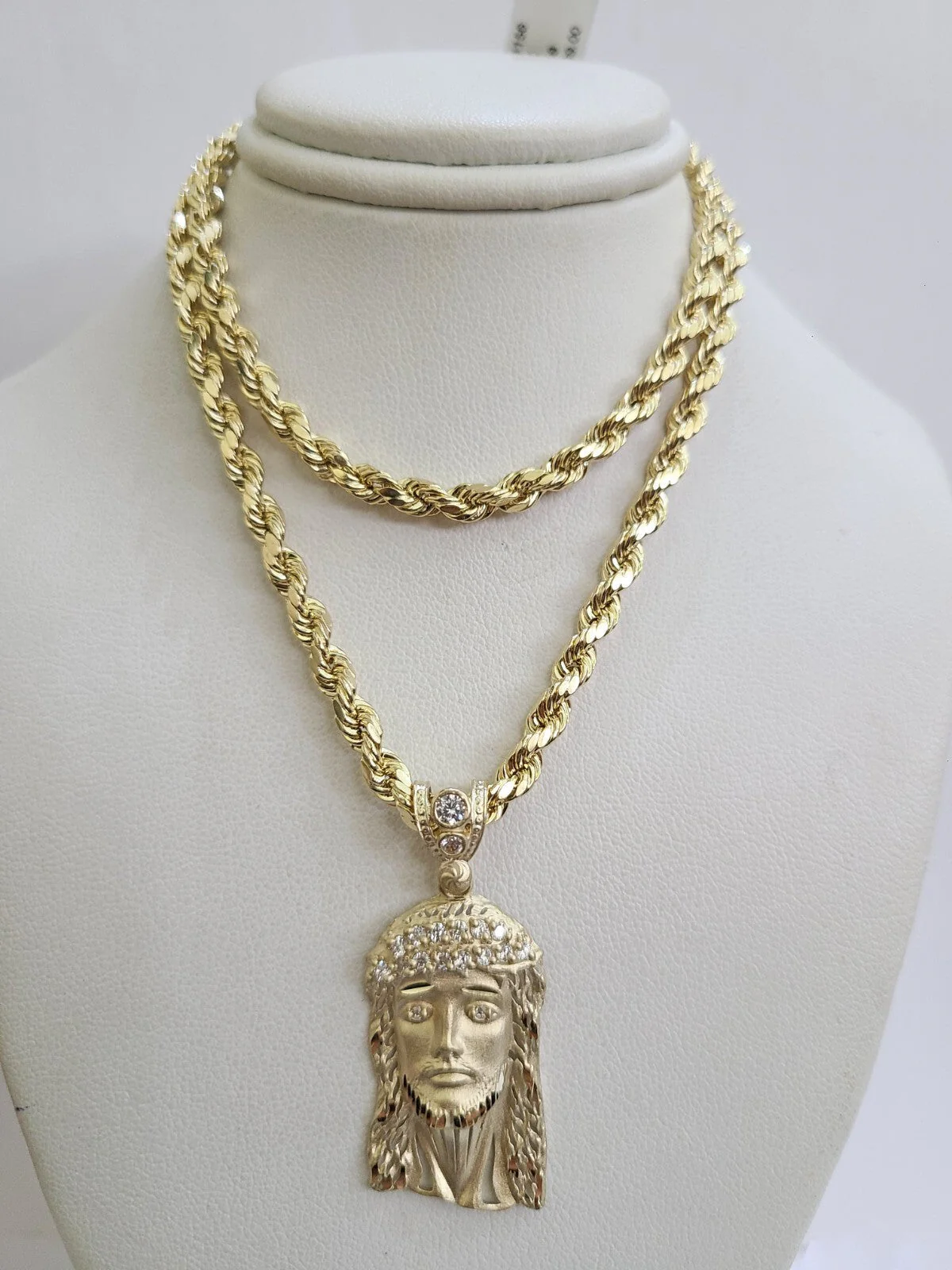 REAL 10k Rope Chain Jesus Head Charm Pendant 4mm Necklace Set 18"-28" in - Image 2