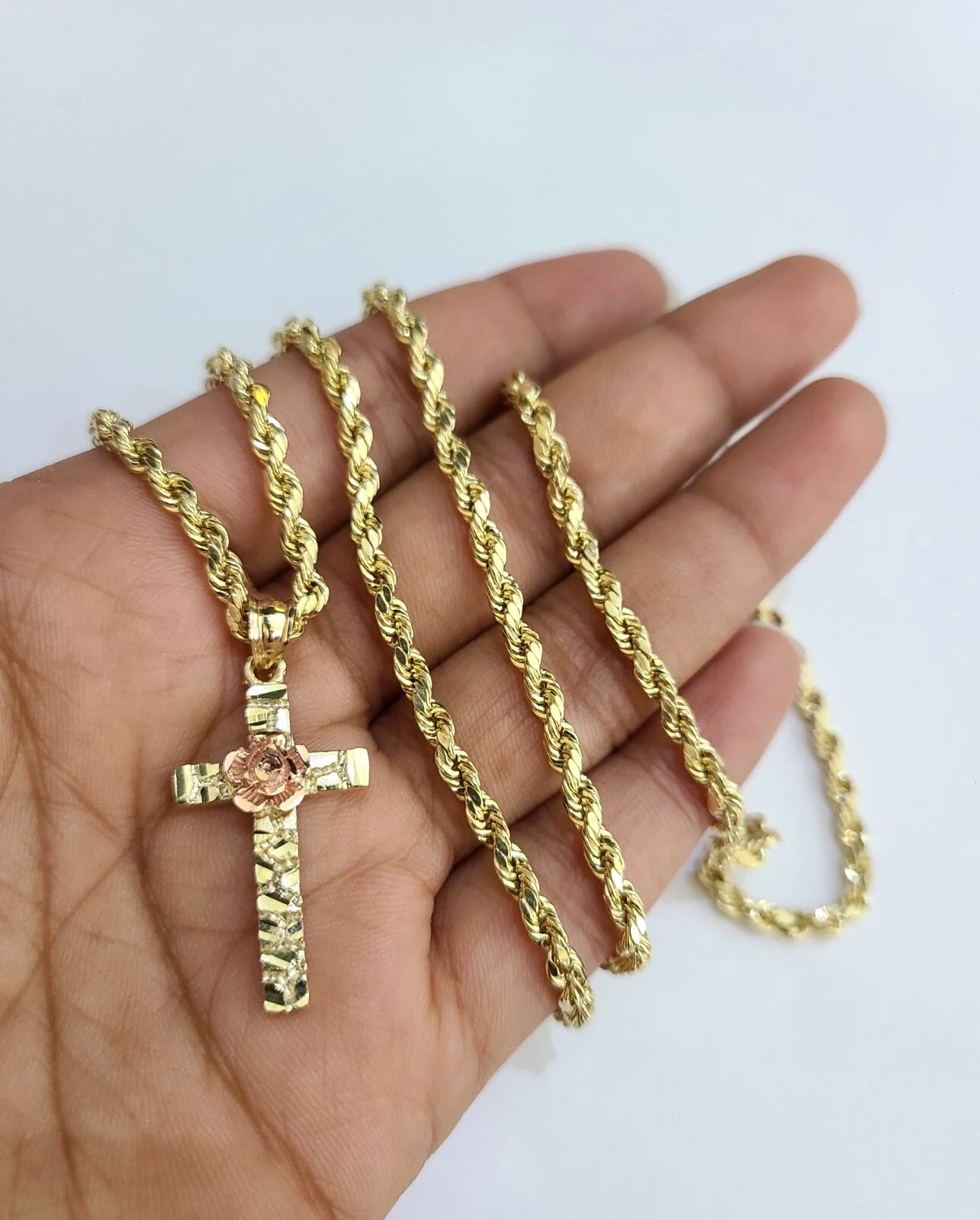 REAL 10k Rope Chain Jesus Rose Cross Charm Pendant 3mm Necklace Set 18"-28" in - Image 4