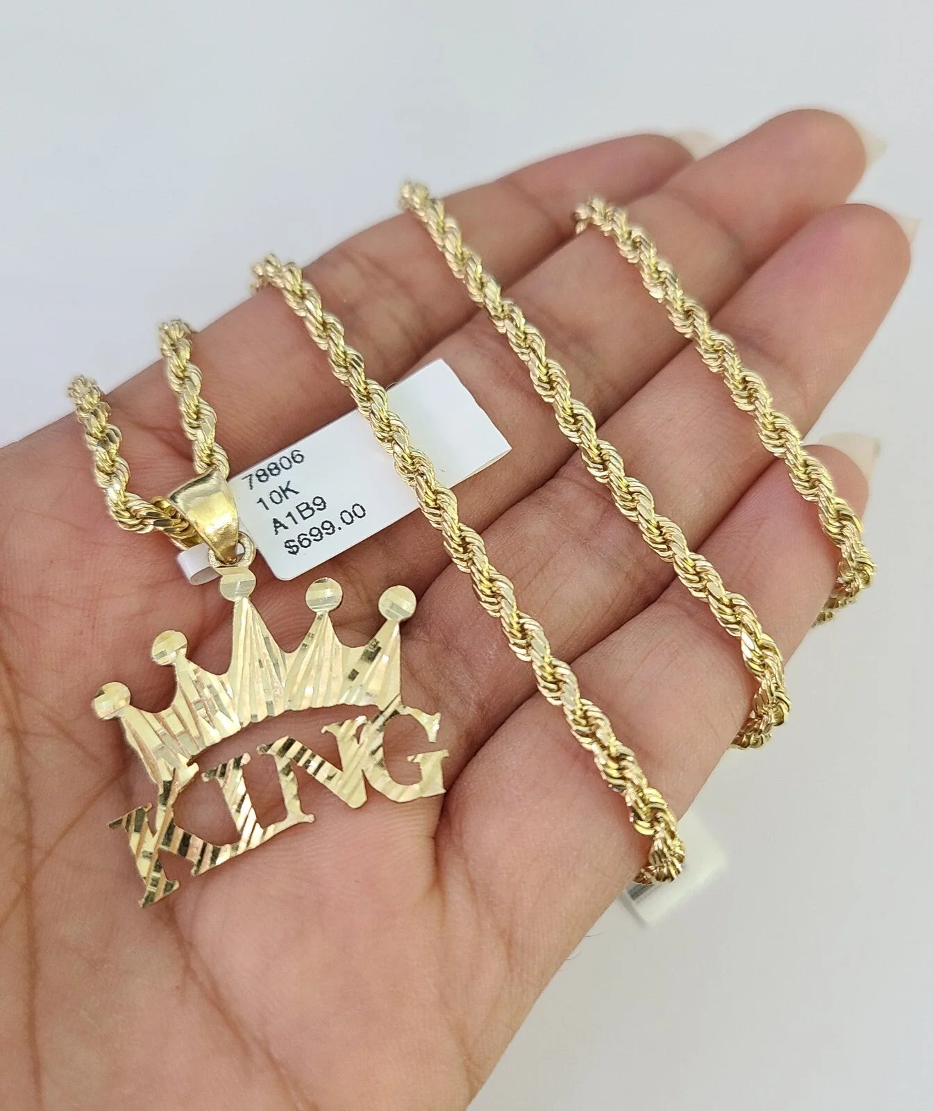 REAL 10k Rope Chain King Crown Charm Pendant 3mm Necklace Set 18"-30" in - Image 2