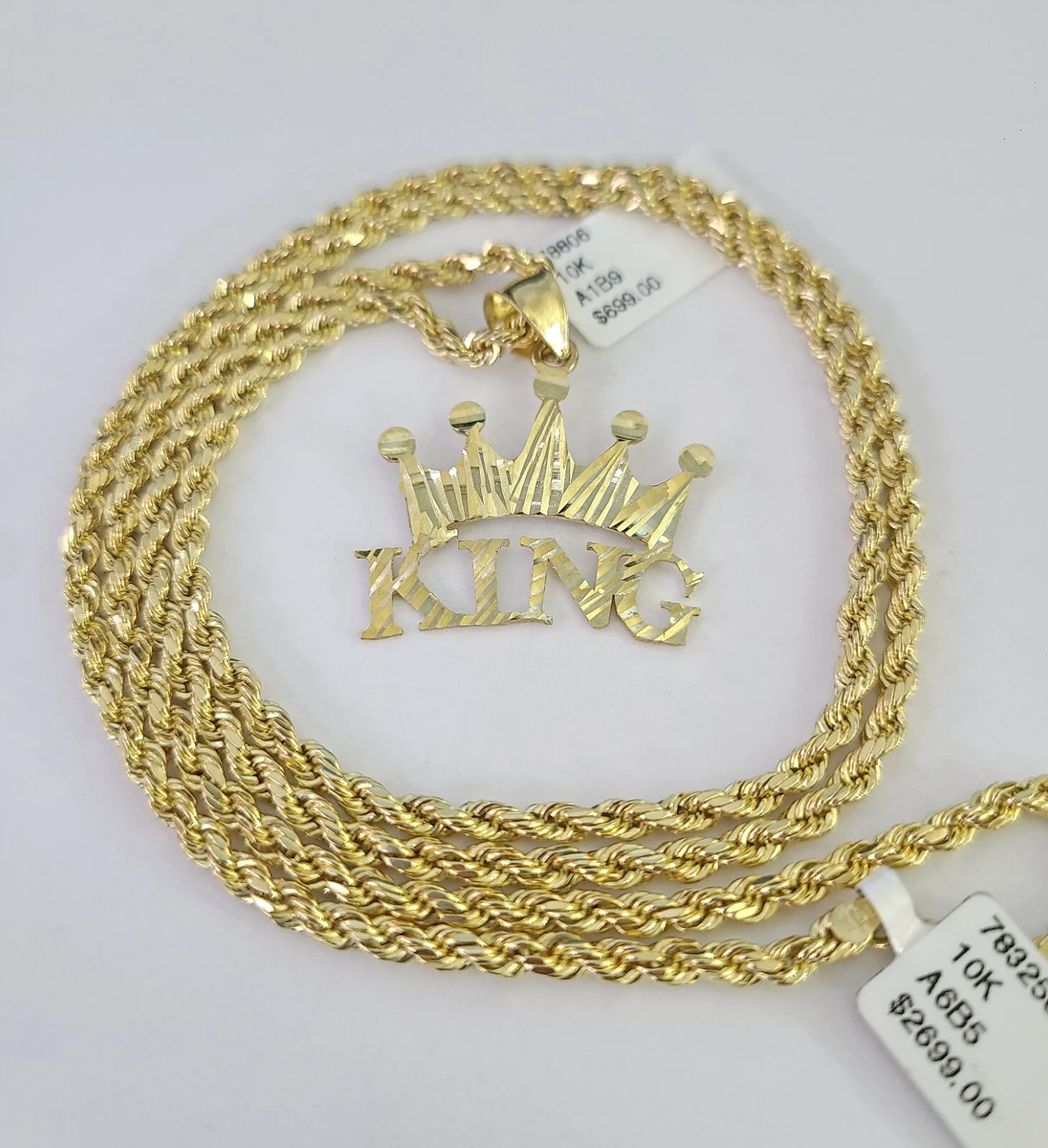 REAL 10k Rope Chain King Crown Charm Pendant 3mm Necklace Set 18"-30" in - Image 3