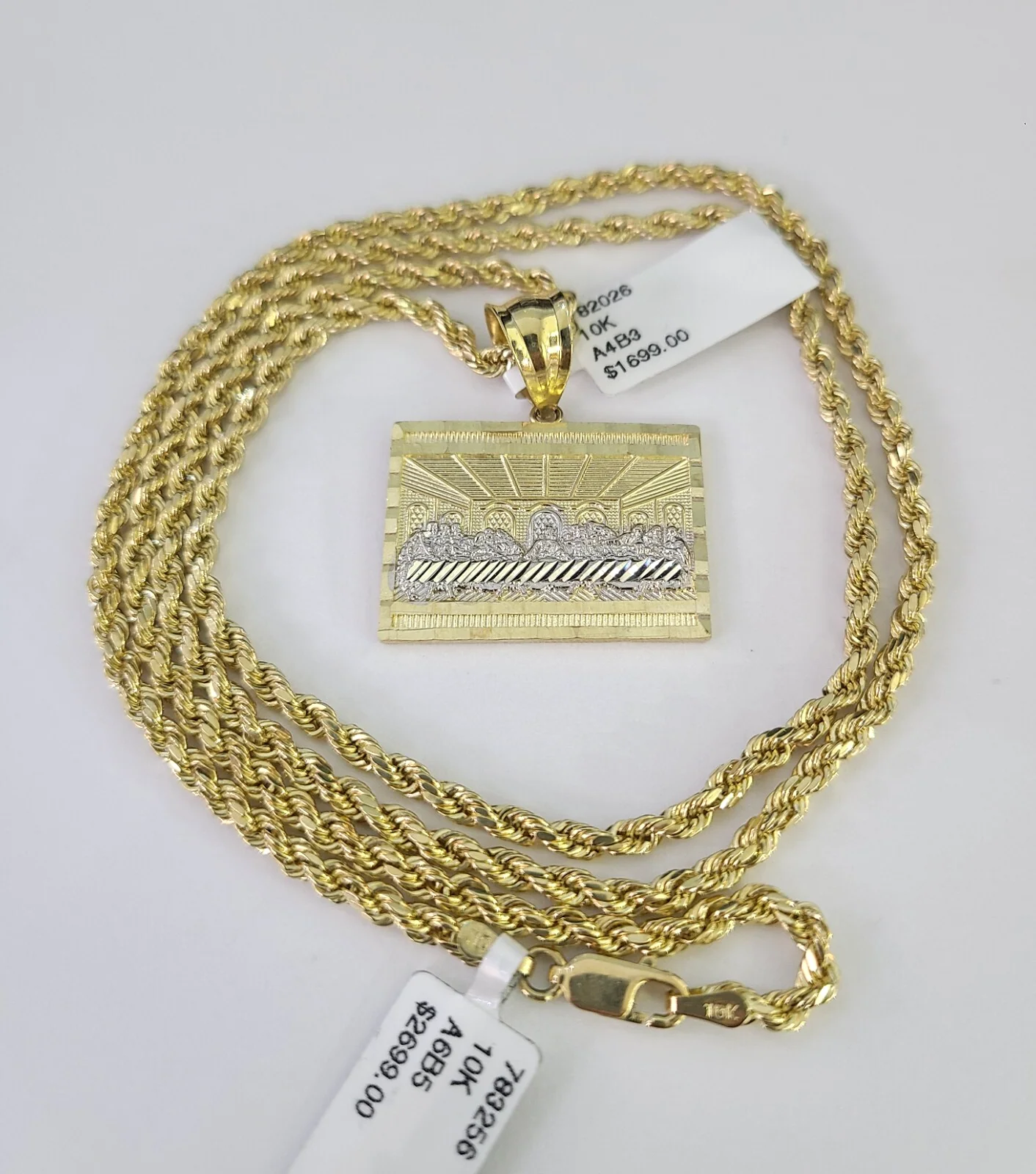 REAL 10k Rope Chain Last Supper Charm Pendant 3mm Necklace Set 18"-30" in - Image 3