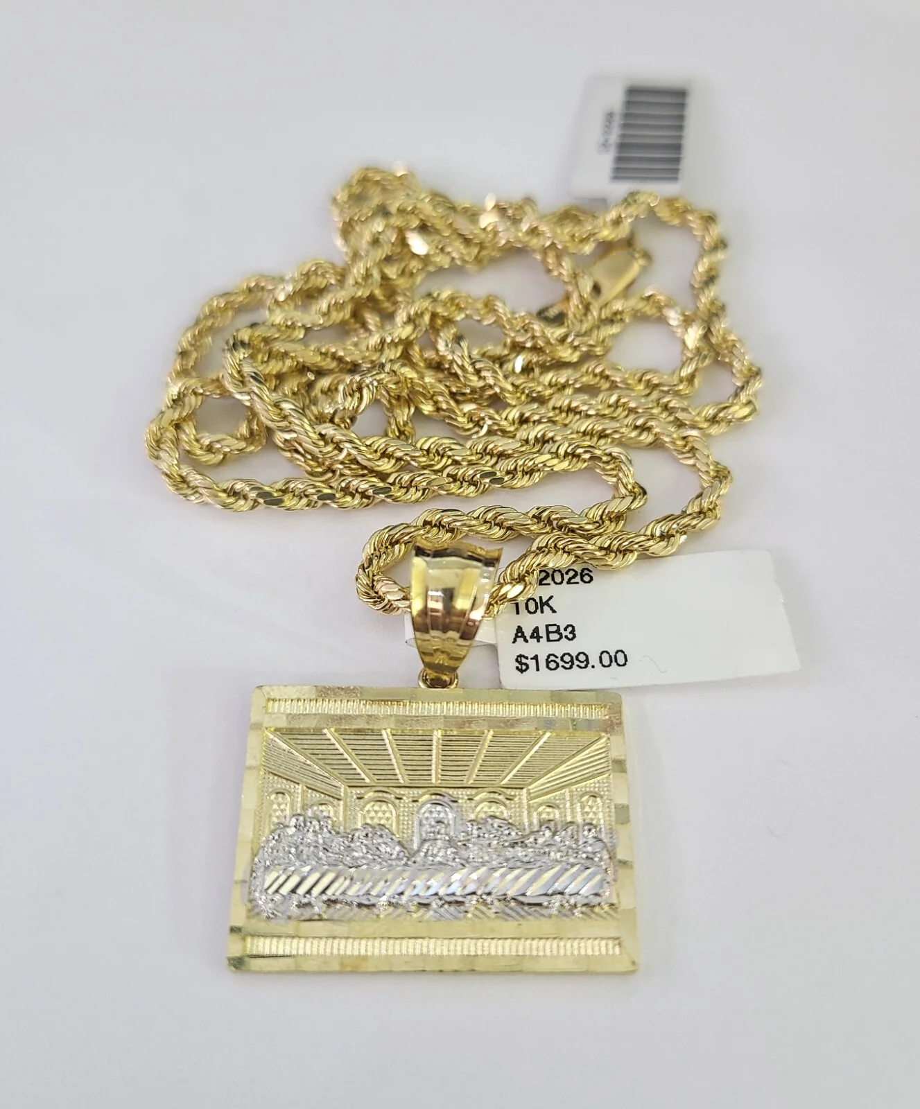 REAL 10k Rope Chain Last Supper Charm Pendant 3mm Necklace Set 18"-30" in - Image 6